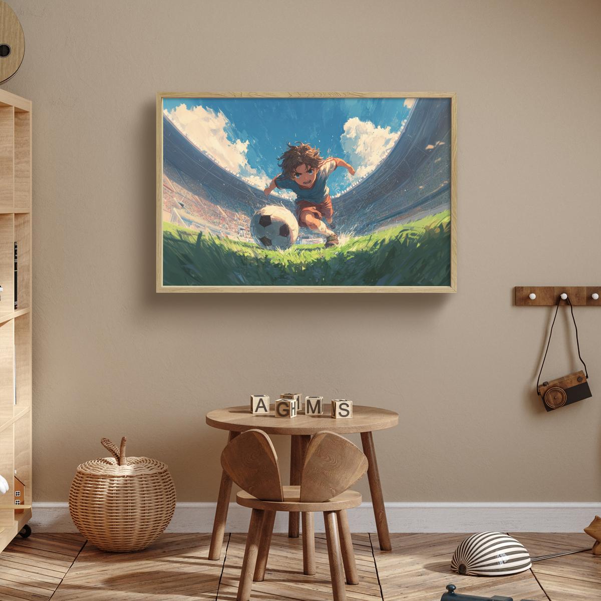 WANDLEUCHTE MIT AKKU Stadion - Fußballer - Ball 100x70 cm - Blau, Holzwerkstoff (100/70/8cm) - OnlyWow