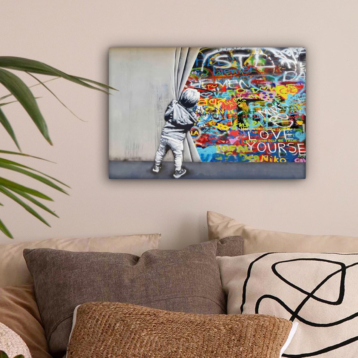 LEINWANDBILD Graffiti - Junge - Ilussie - Straßenkunst Deko Schlafzimmer 30x20 cm - Hellgrau, Textil (30/20cm) - MuchoWow