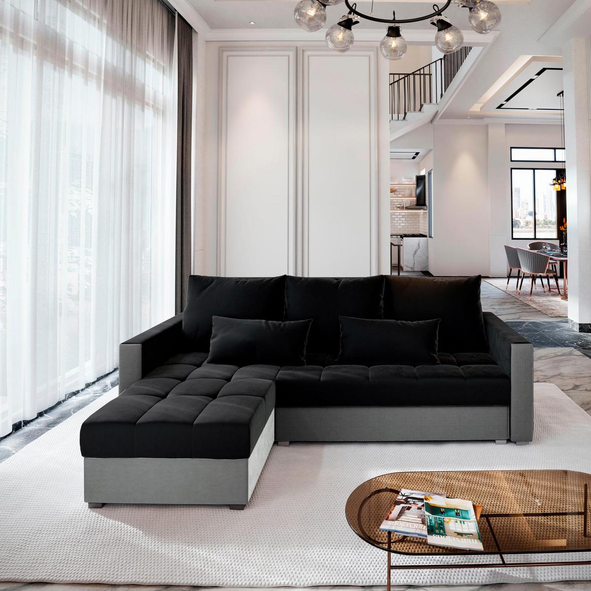 ECKSOFA KOS PIK Schwarz Plüsch-Stoff mit Schlaffunktion - Hellgrau/Schwarz, Holz/Kunststoff (220/140cm) - MASSENO