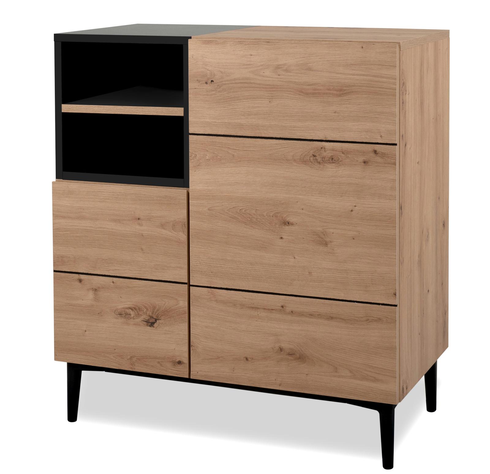 KOMMODE Eiche Artisan, schwarz 80 x 90 cm, Schrank 2-türig mit 7 Fächern - Schwarz/Eiche Artisan, Holzwerkstoff (80/90/42cm) - Furn.Design