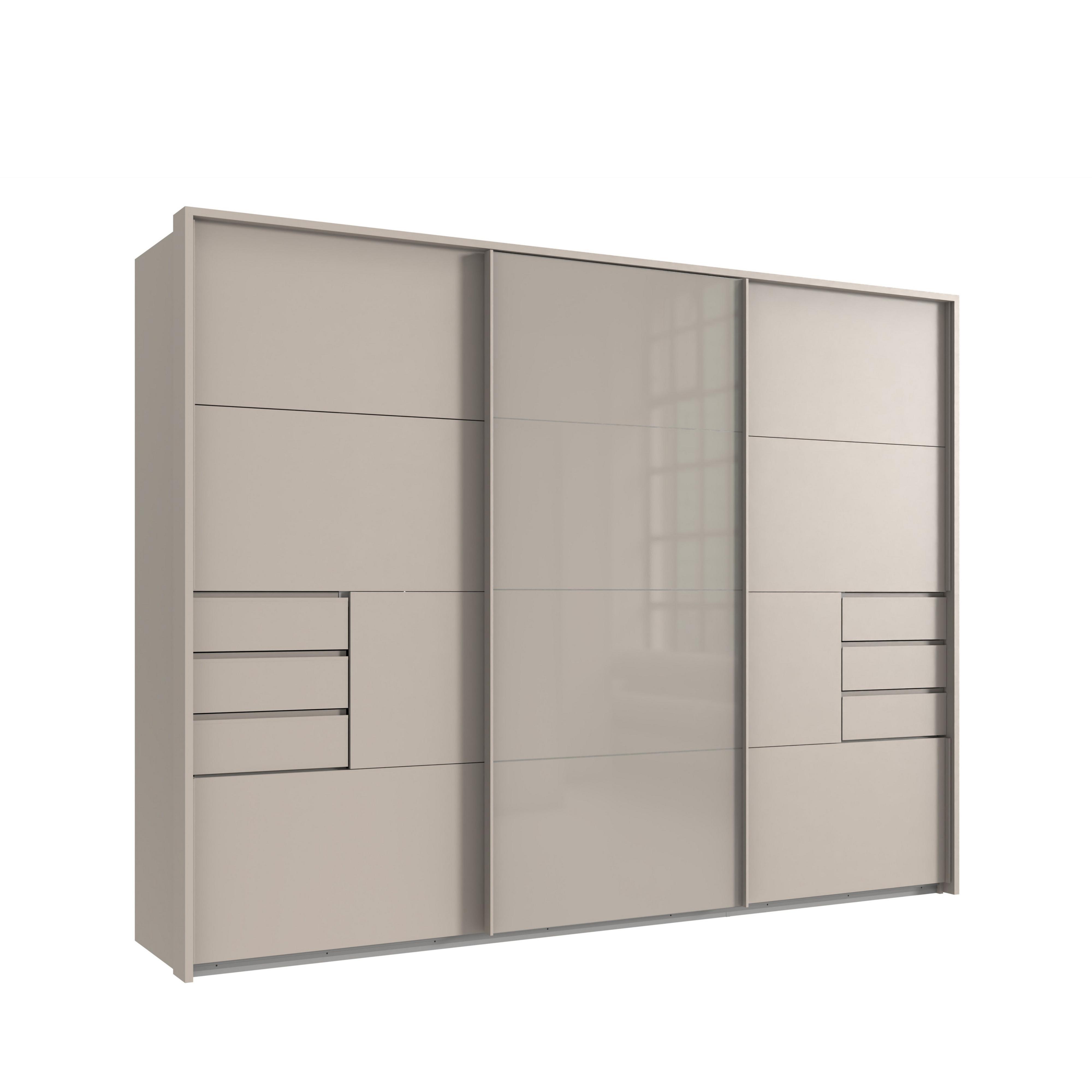 SCHWEBETÜRENSCHRANK 3-türig B273/H213/T64 cm, Beige Grau/ Mitteltür Glas, Passepartout-Kleiderschrank mit Schubladen & Vollausstattung, / 22622 - Beige, Holzwerkstoff/Metall (273/213/64cm) - luma-home