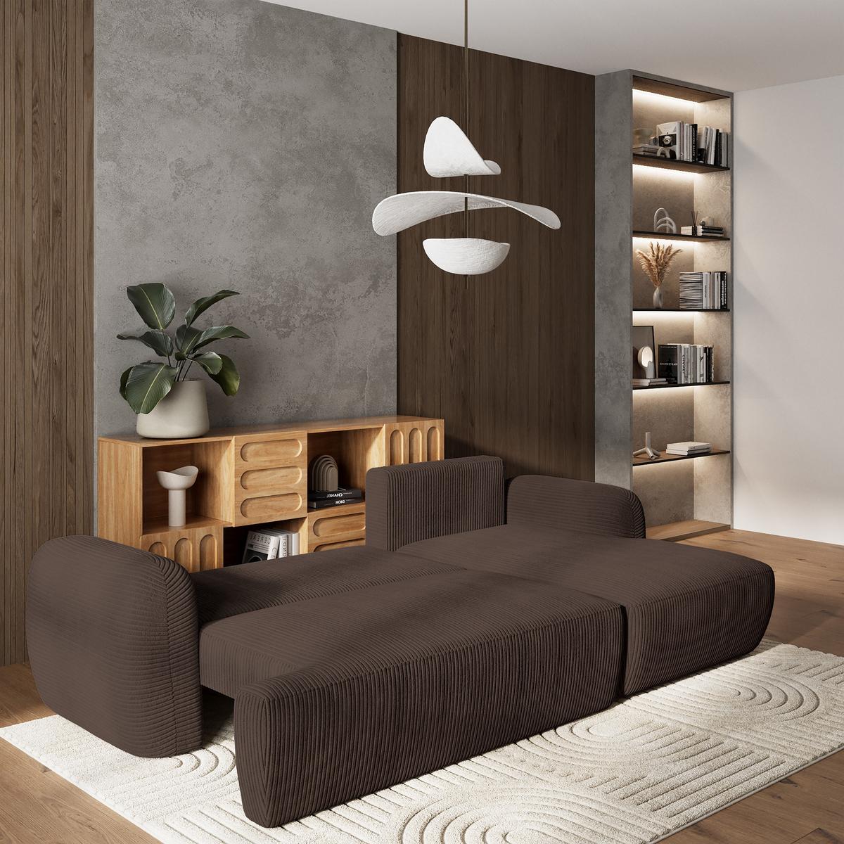 ECKSOFA MODENZA P R-S Braun Kordstoff mit Schlaffunktion - Schwarz/Braun, Holz/Kunststoff (266/148cm) - MASSENO