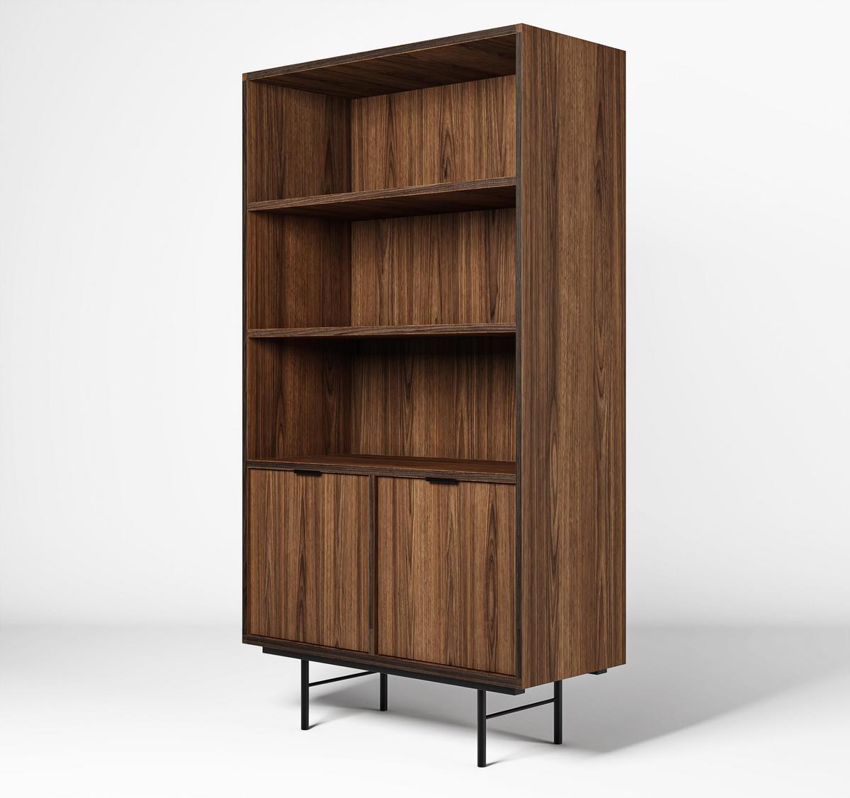 REGAL Nordiva 2T Warmia Walnut 90/185/35 cm – Offene Fächer - Walnussfarben/Schwarz, Holzwerkstoff/Metall (90/185/35cm) - AX Living