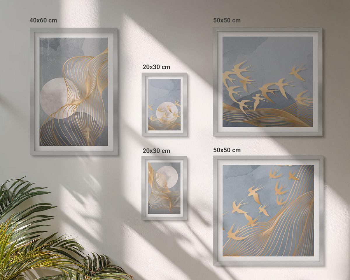 BILDER SET 5er Set - 50x50 cm & 20x30 cm & 40x60 cm Silberner Rahmen - Abstrakte Wellenkreise, grau - Silberfarben, Kunststoff (40/60cm) - TULUP