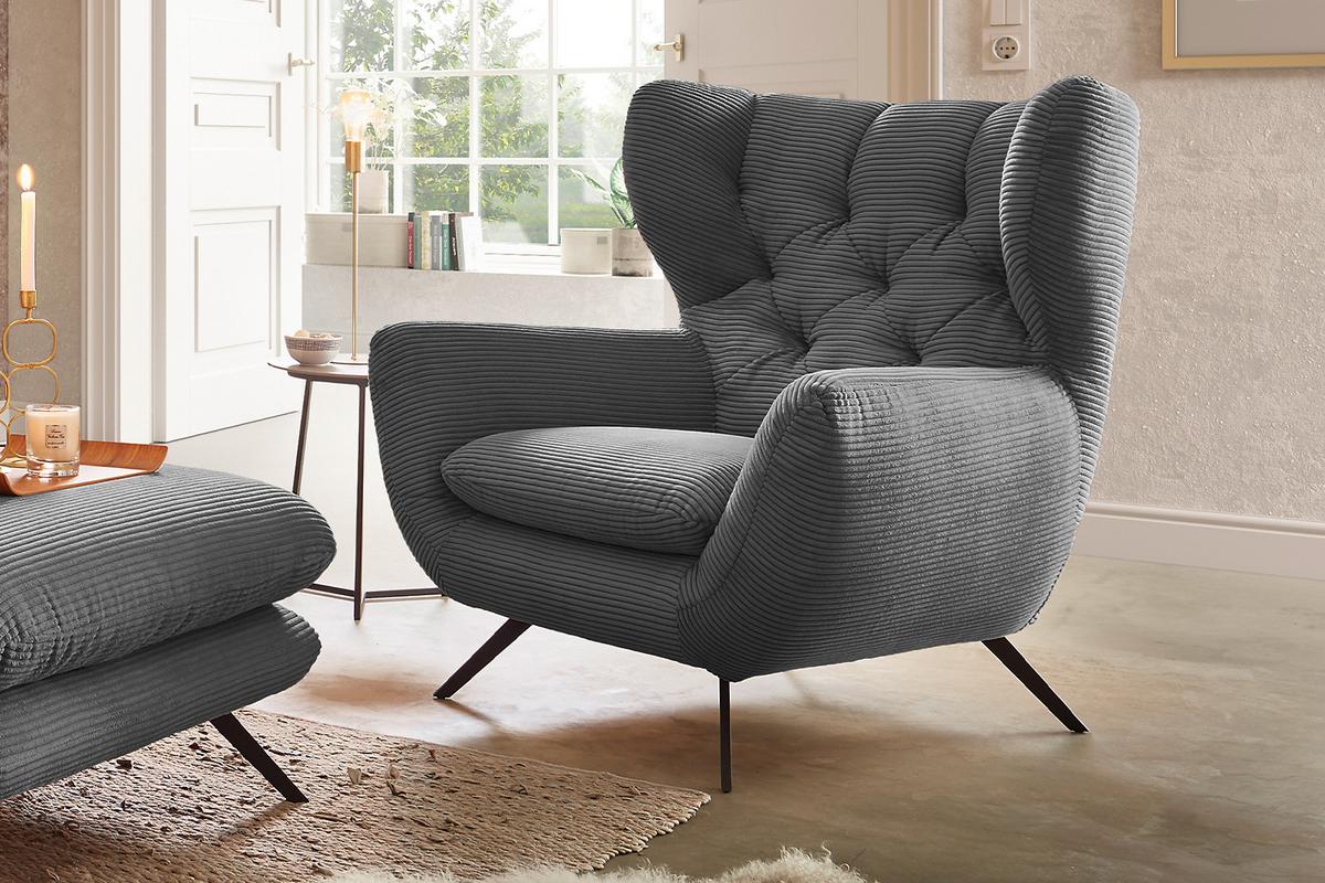 SESSEL CHARME Grau Cord - Schwarz/Grau, Textil/Metall (100/106/95cm) - KAWOLA