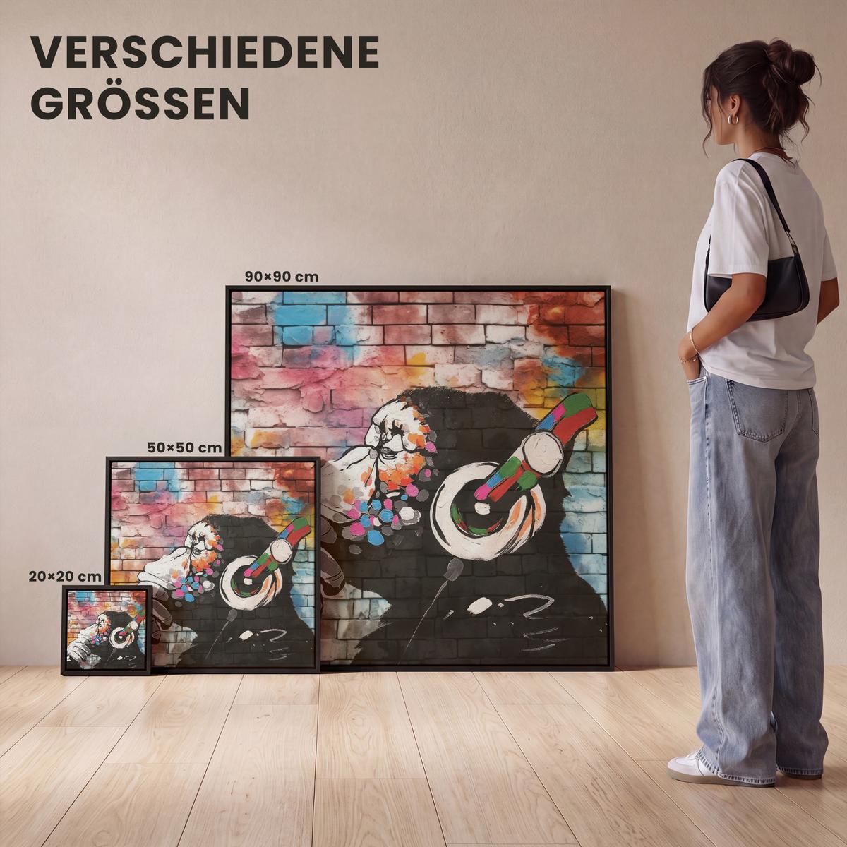 LEINWAND Bilder mit Rahmen - Affe - Graffiti - Musik - 20x20 - Multicolor, Textil (20/20cm) - MuchoWow
