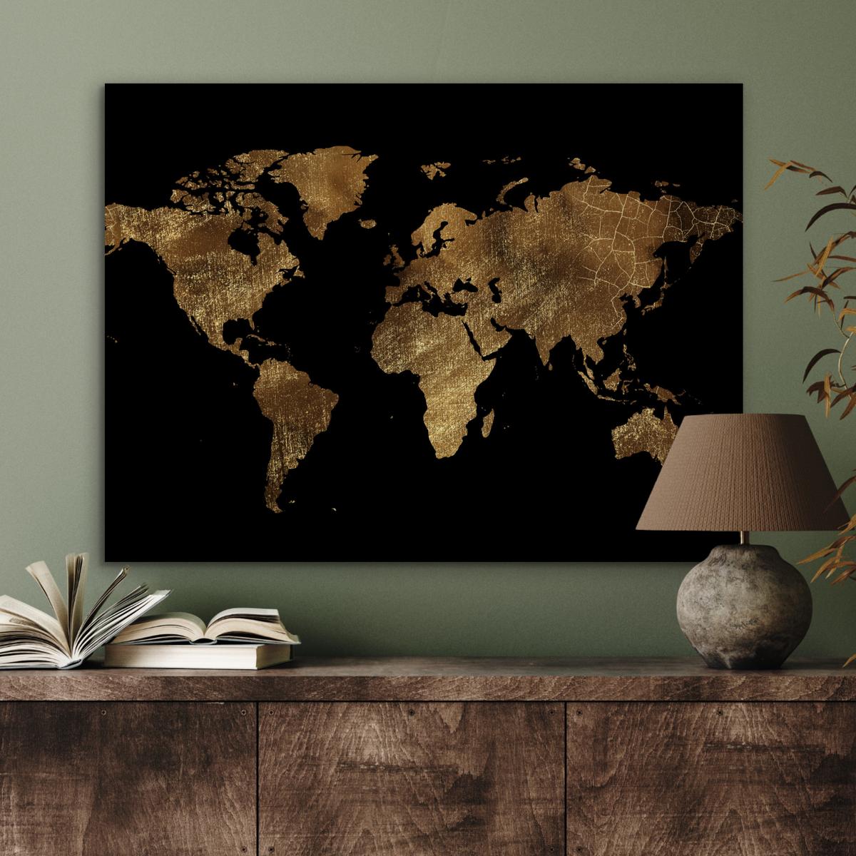 METALLBILD Weltkarte - Gold - Luxus - Erde - Schwarz 80x60 cm - Goldfarben, Metall (80/60cm) - MuchoWow