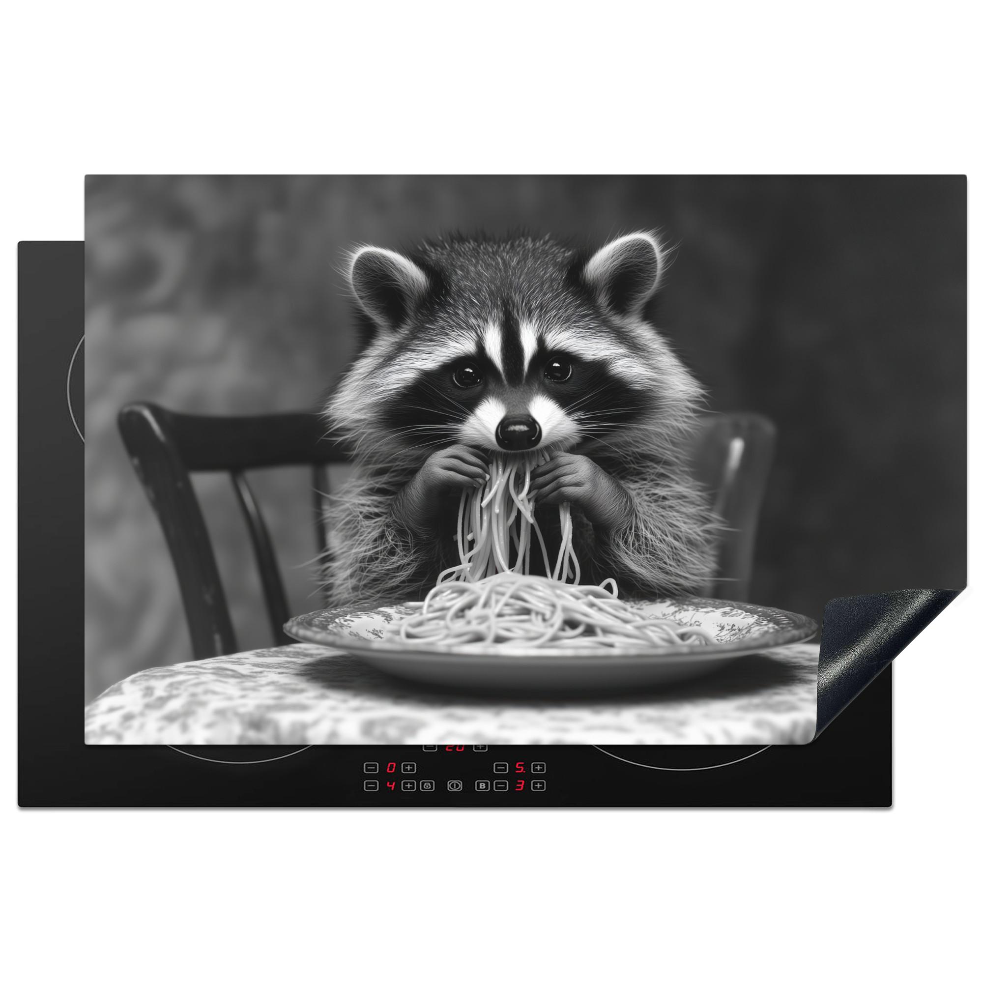 HERDABDECKPLATTE Waschbär - Niedlich - Pasta - Tischtuch - Schwarz - Weiß Induktionsmatte 81x52 cm - Grau, Kunststoff (81/52/0.2cm) - MuchoWow