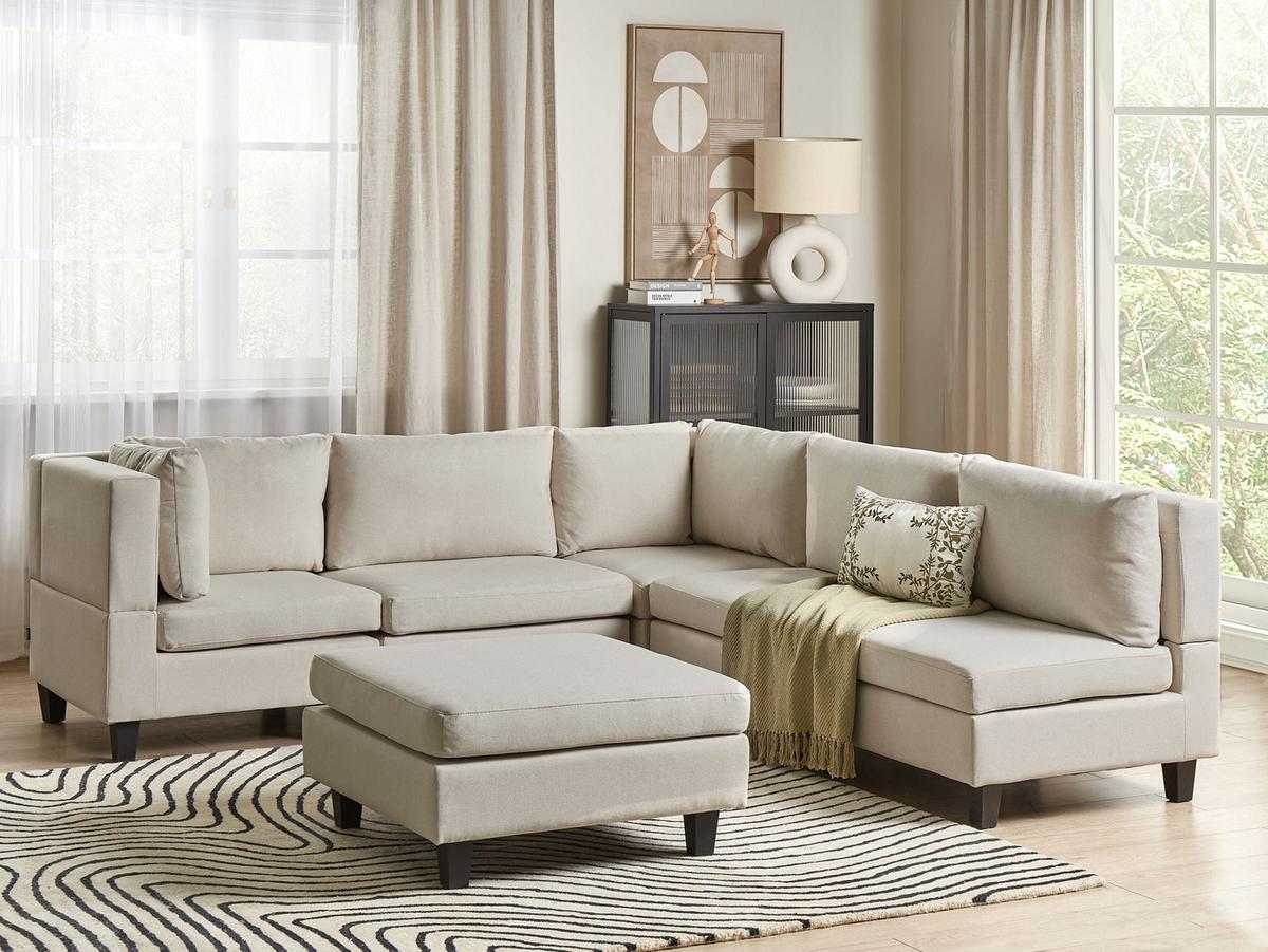 ECKFSOFA Modul 5-Sitzer rechtsseitig Hellbeige Stoff mit Ottomane Unstad - Beige/Schwarz, Textil (228/228cm) - Beliani