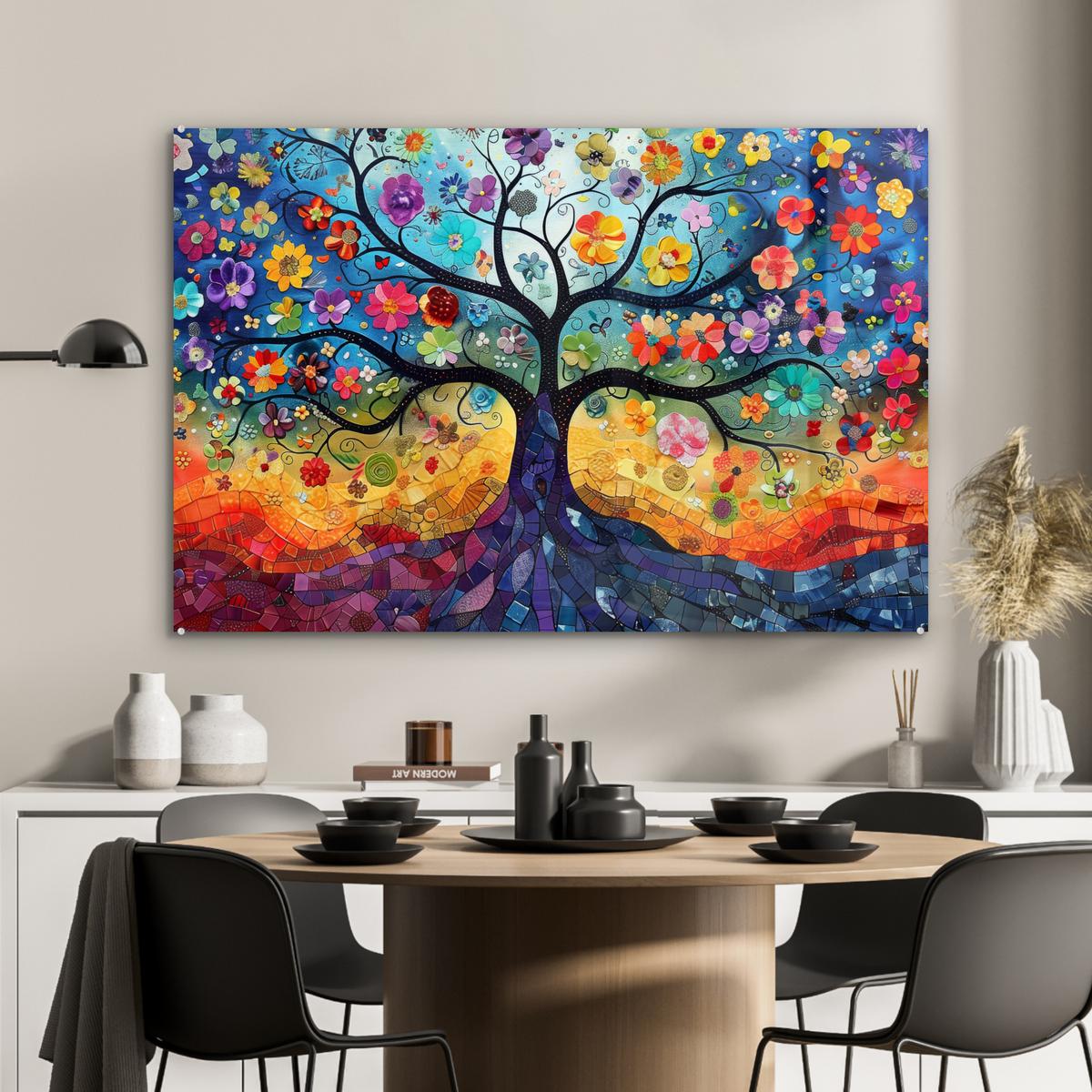 ACRYLGLASBILD Kunst - Baum des Lebens - Blumen - Hippie Room Decor 90x60 cm - Dunkelblau, Glas (90/60cm) - MuchoWow