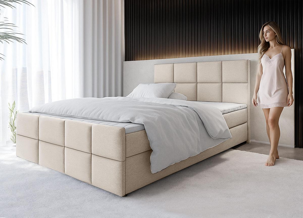 BOXBETT ALEYNA 180x200 cm mit Bettkasten und Matratze - Beige + TOPPER - Beige/Schwarz, Holz/Holzwerkstoff (180/200cm) - AX Living