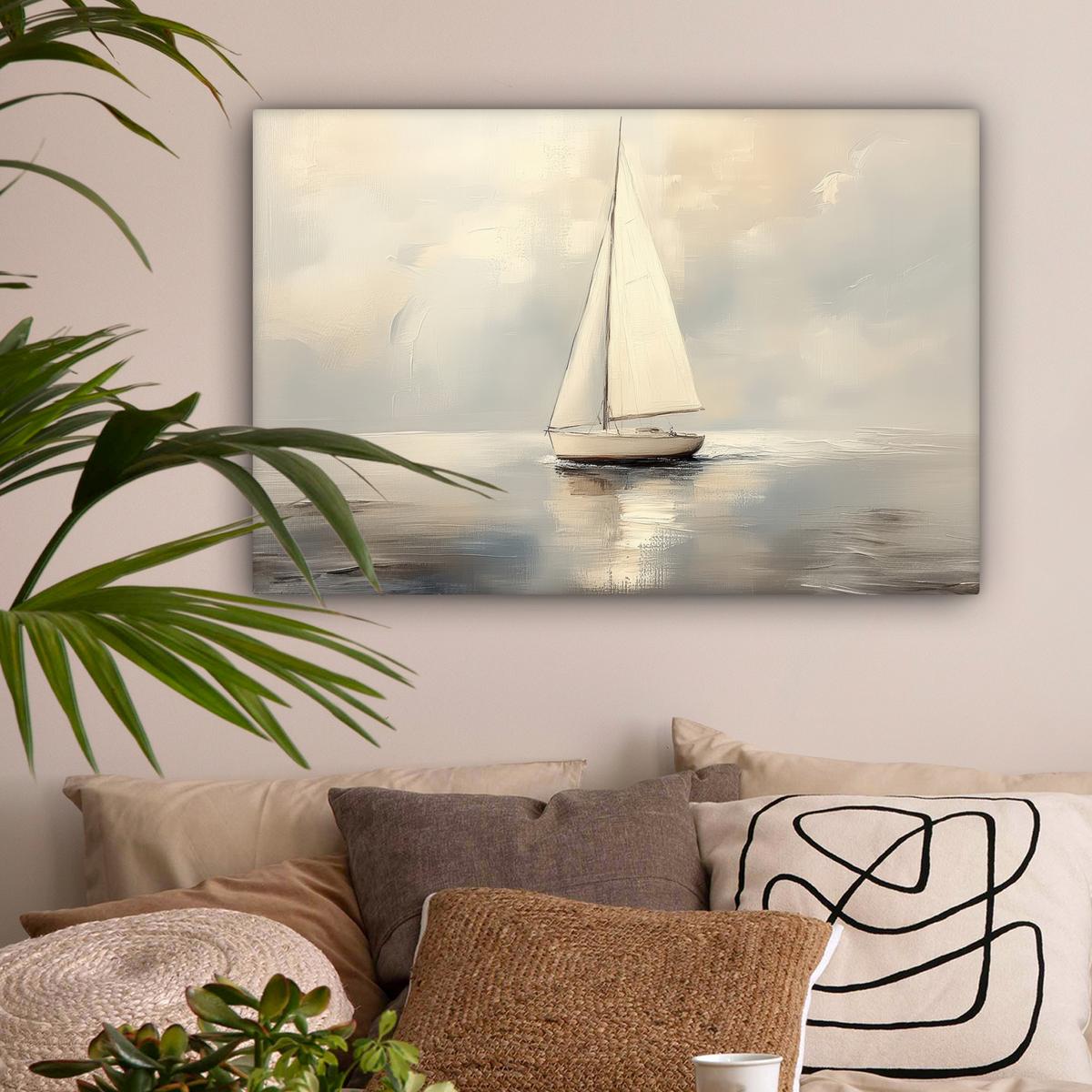 LEINWANDBILD Segelschiff - Meer - Bewölkt Gemälde 60x40 cm - Creme, Textil (60/40cm) - MuchoWow