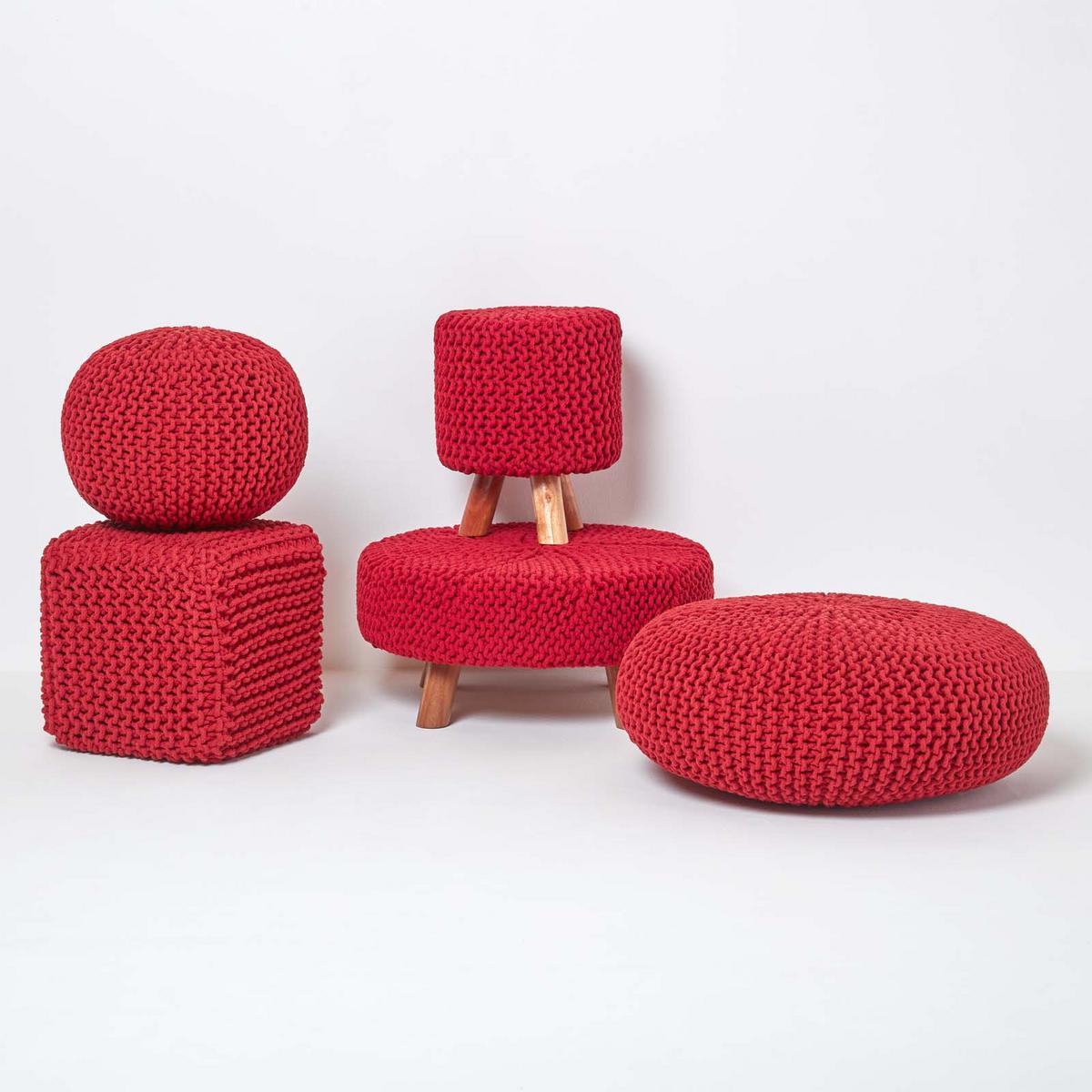 STRICK-HOCKER rot, Dreibein 32/32/42 cm - Rot, Textil (32/42/32cm) - Homescapes