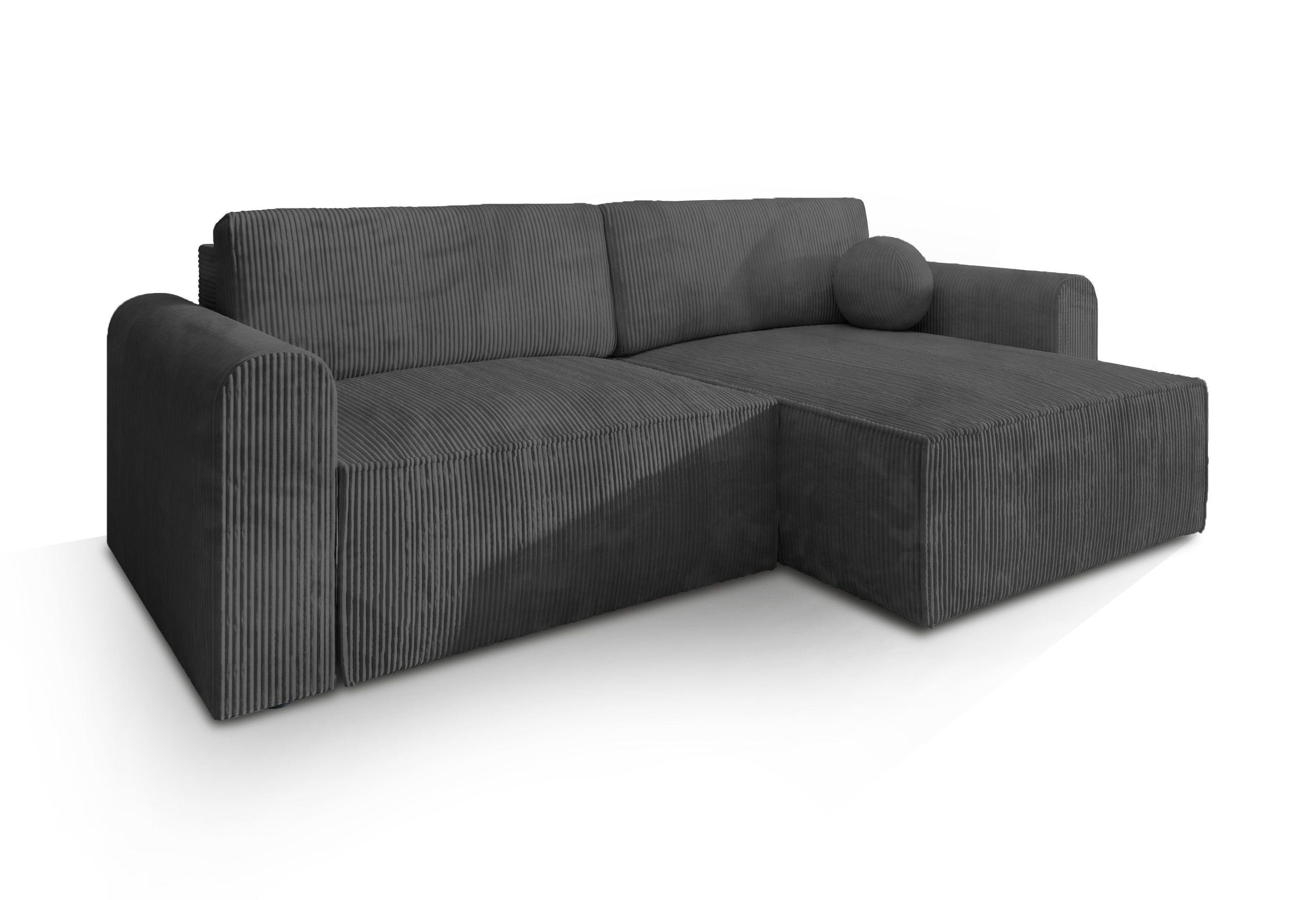 ECKSOFA FIANO P Graphitfarben Kordstoff mit Schlaffunktion - Graphitfarben/Grau, Holz/Kunststoff (245/148cm) - MASSENO