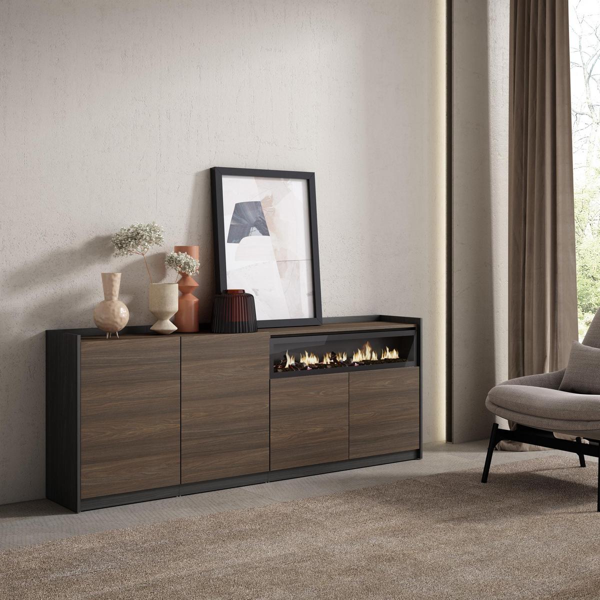 SIDEBOARD, Highboard, Dunkler Eiche und Schwarz, Elektrokamin, 207/37/80cm - Hellbraun, Holzwerkstoff (207/80/37cm) - Skraut Home