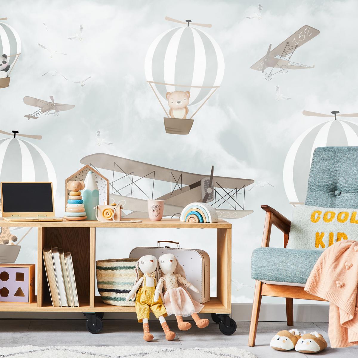 FOTOTAPETE für Kinderzimmer Ballons Tiere Wolken Flugzeuge Fantasie Retro 150x105 - Beige/Braun, Papier (150/105cm) - Muralo