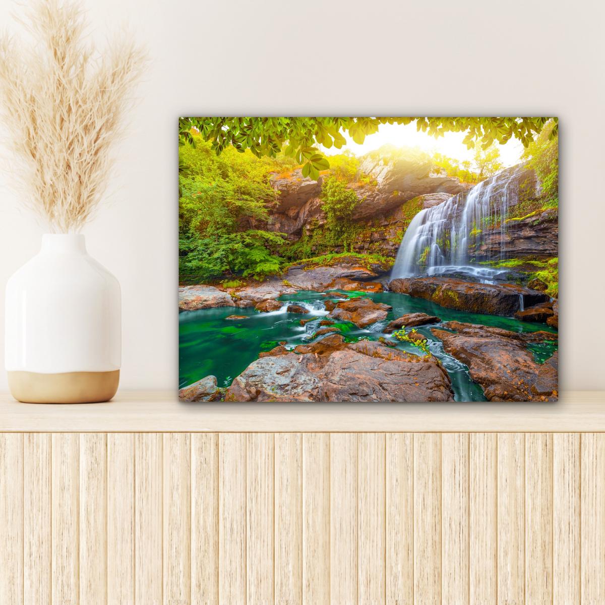 LEINWANDBILD Natur - Wasserfall - Pflanzen - Bäume - Sonne Wandbild 40x30 cm - Olivgrün, Textil (40/30cm) - MuchoWow