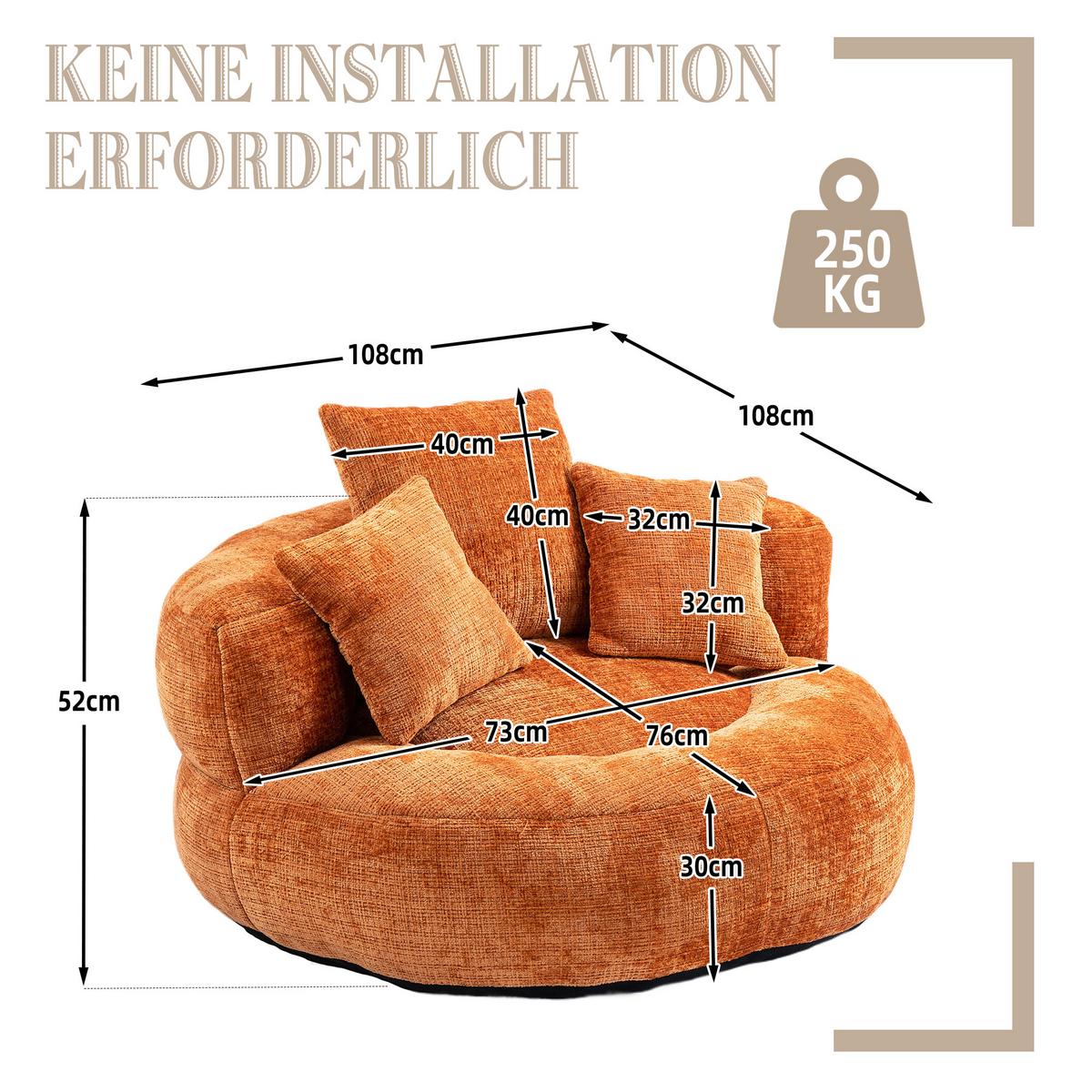 SITZSACK in Chenille mit 3 Kissen - Orange, Textil (108/52/108cm) - Urban Meuble
