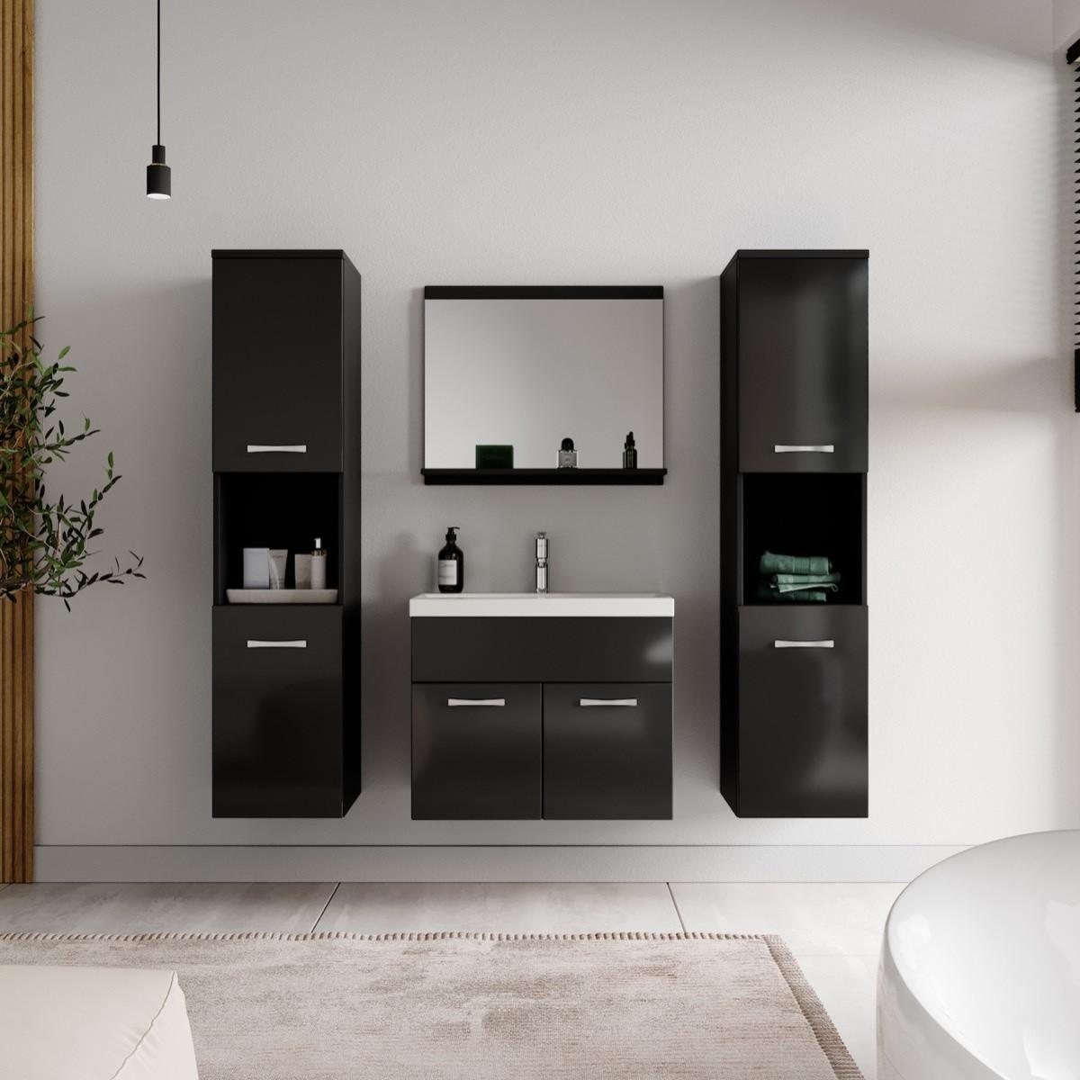 BADMÖBEL-SET Montreal 5 Teile Schwarz Hochglanz - 60 x 35 x 51 cm - Schwarz, Holz (60/51/35cm) - Badplaats