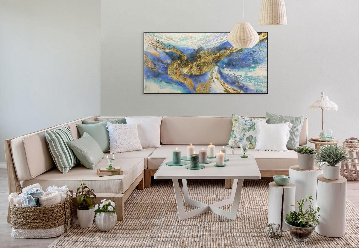 ACRYLBILD HANDGEMALT 120/60 cm - Blau/Goldfarben, Holz/Textil (120/60cm) - KUNSTLOFT