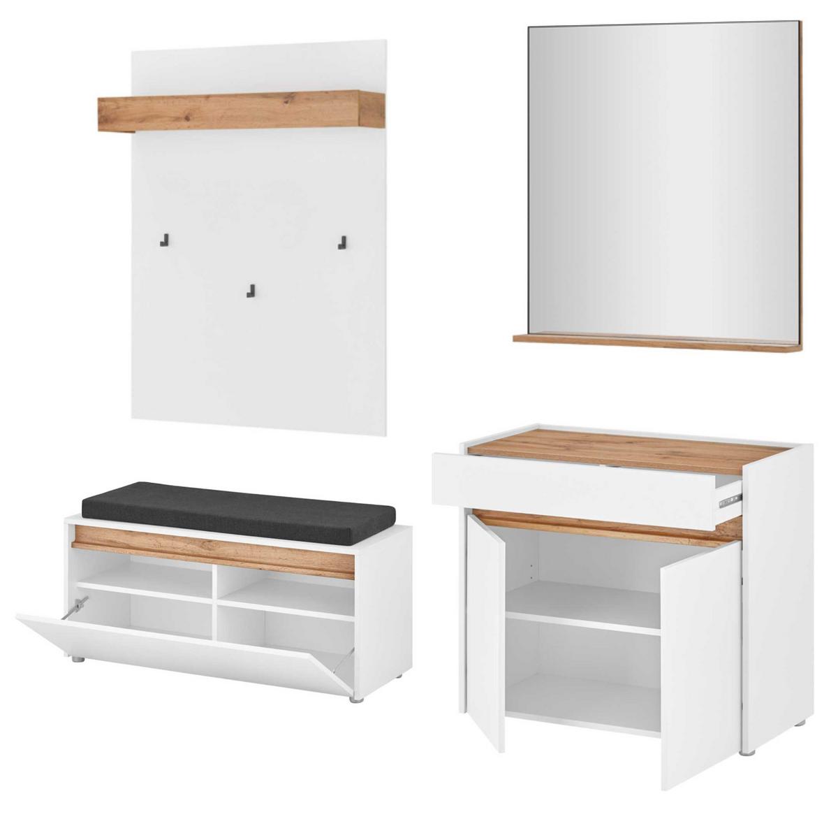 GARDEROBE 5-teilig Set weiß, Eiche Wotan 190 cm, viel Stauraum - Eiche Wotan/Silberfarben, Glas/Holzwerkstoff (190/200/40cm) - Furn.Design