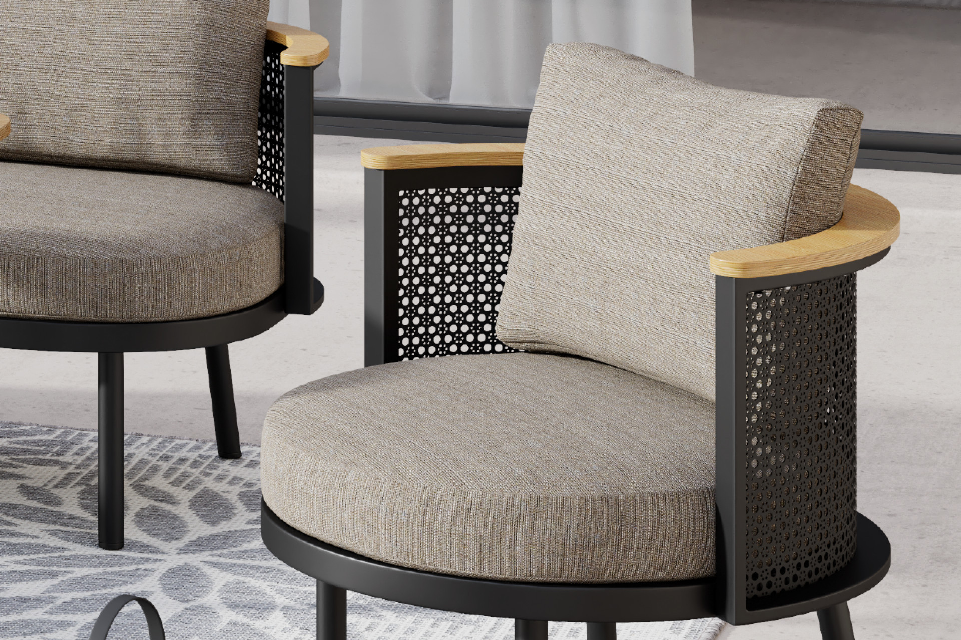 Dining-Loungeset Beige inkl. Kissen Bezug aus Webstoff Outdoorstoff Armlehnen Birnbaumfarbe Quick dry foam (= schnell trocknender Schaumstoff)