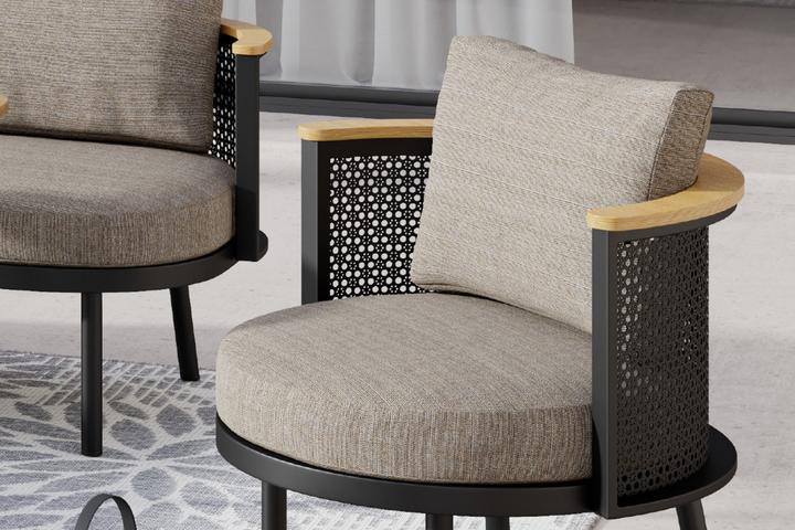 Dining-Loungeset Beige inkl. Kissen Bezug aus Webstoff Outdoorstoff Armlehnen Birnbaumfarbe Quick dry foam (= schnell trocknender Schaumstoff)