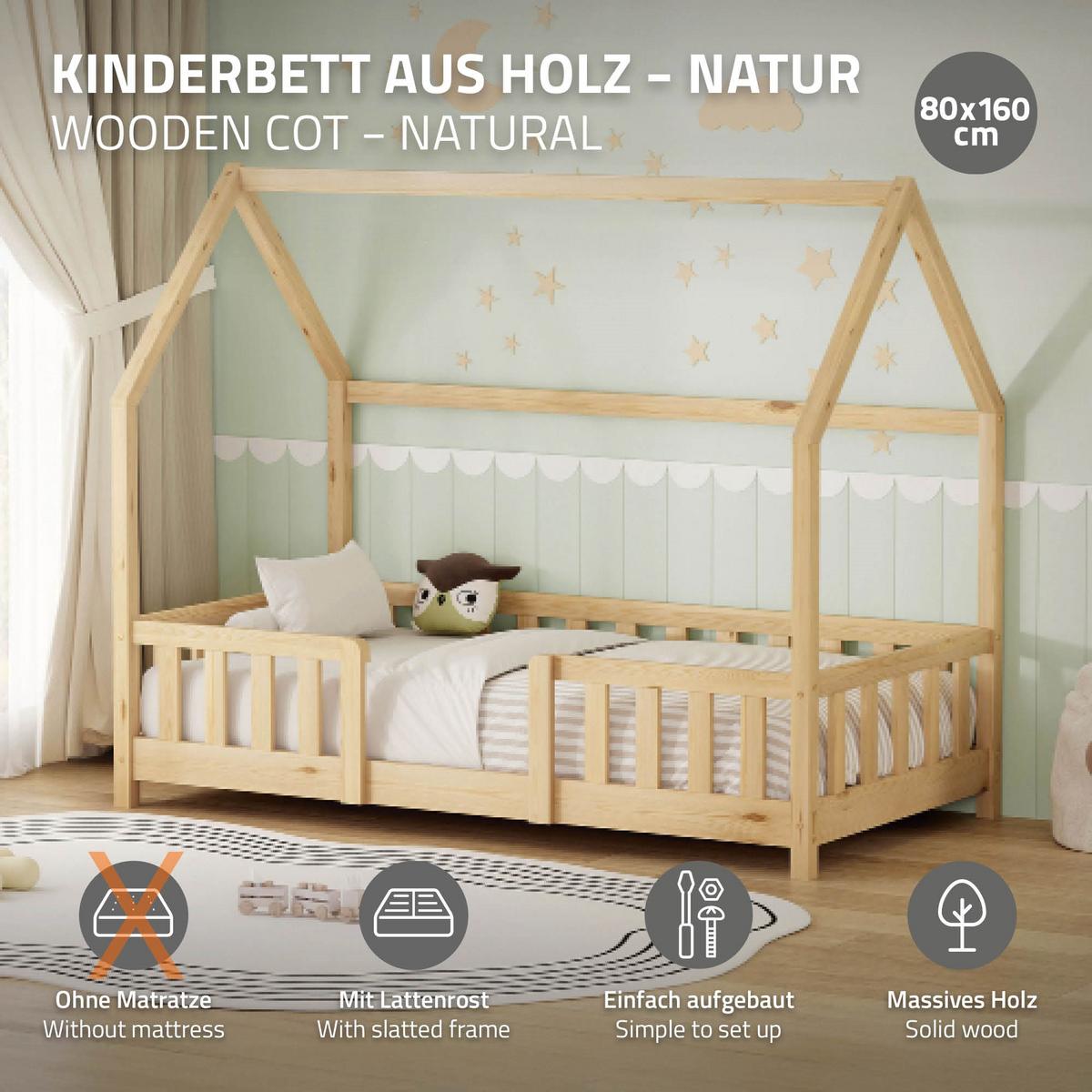 KINDERBETT 80x160 cm mit Rausfallschutz Natur aus Kiefernholz - Naturfarben, Holz (80/160cm) - ML-DESIGN