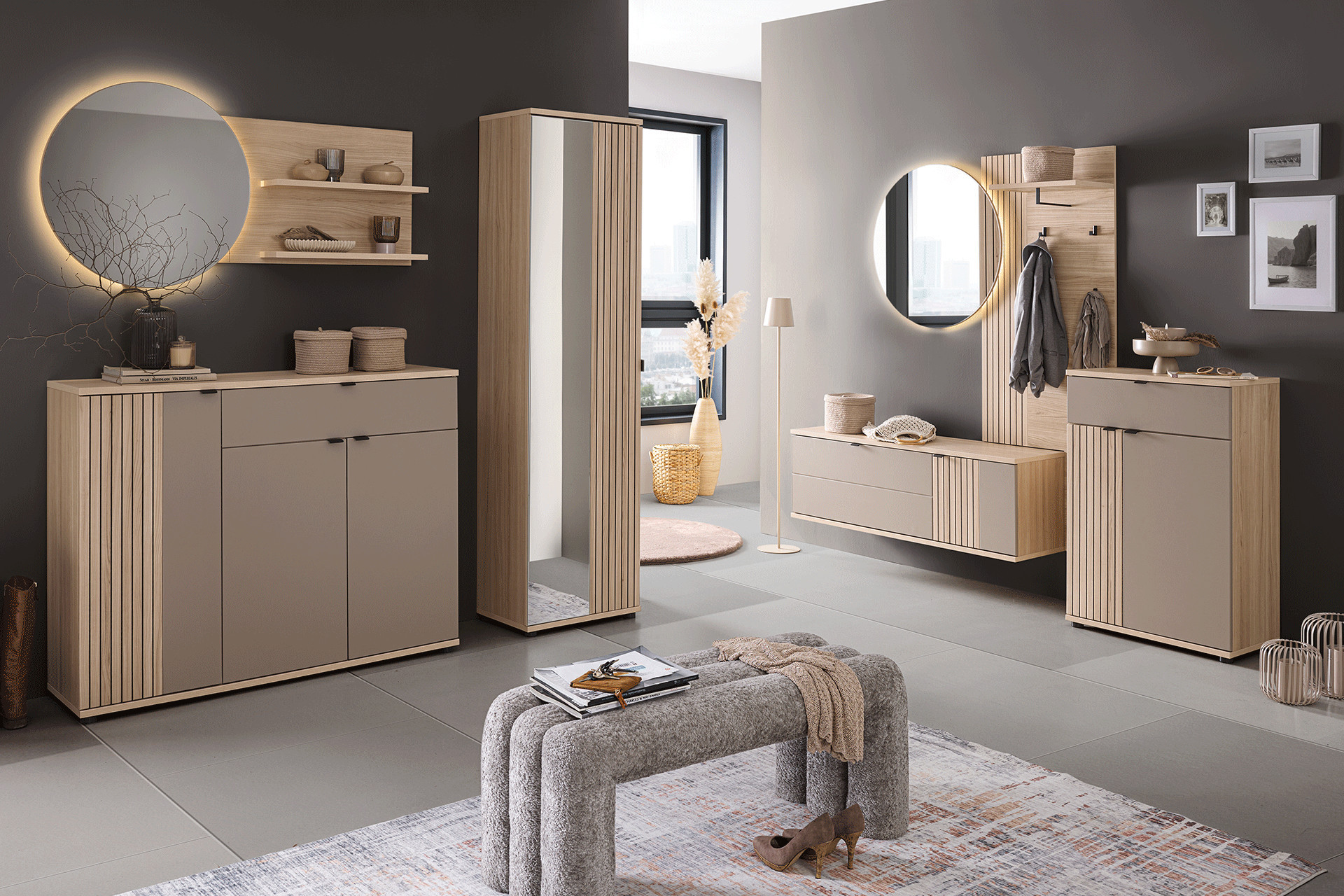 Garderobenserie Pisa in Taupe, Eichefarben