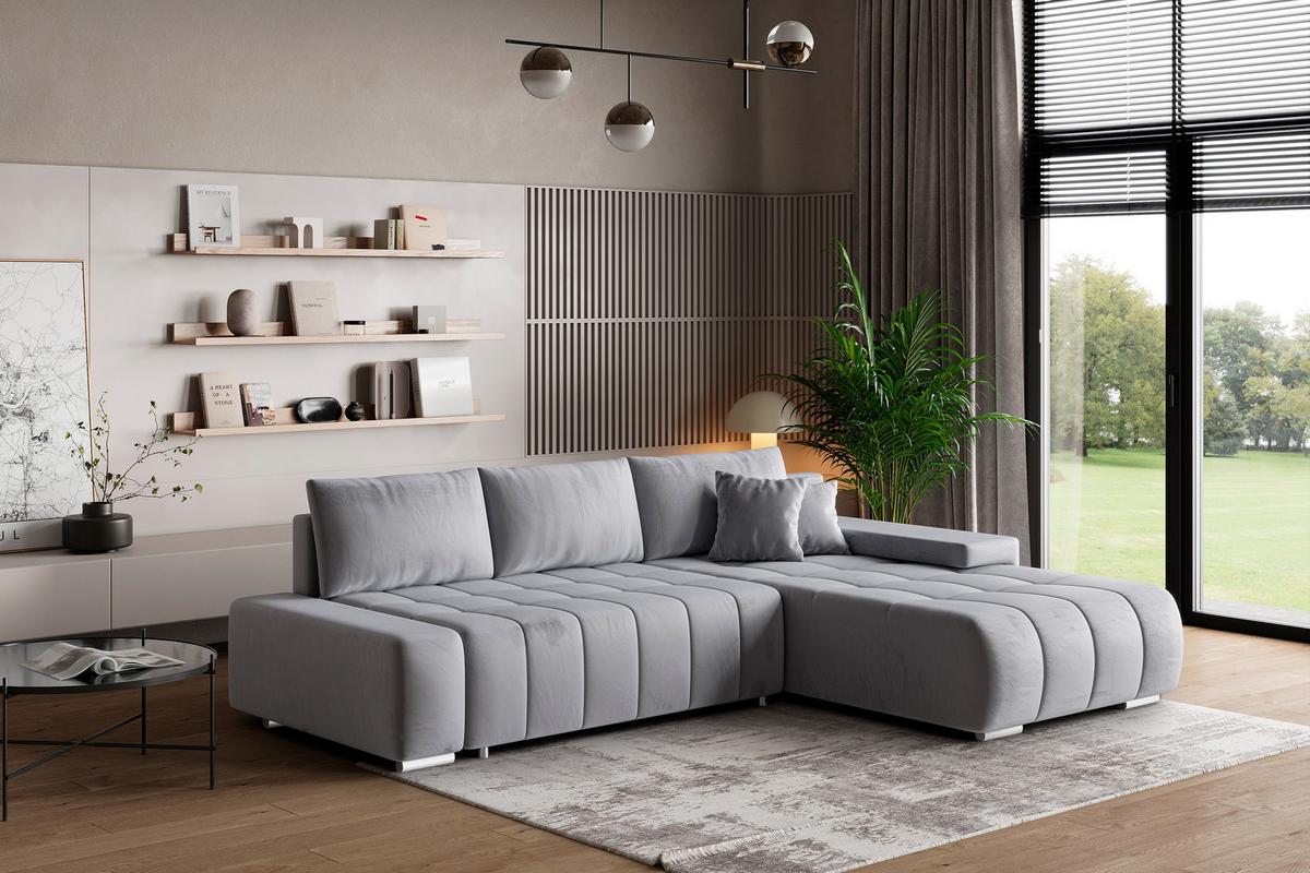 ECKSOFA ALESE R-S Hellgrau Velours-Stoff mit Schlaffunktion - Silberfarben/Hellgrau, Holz/Textil (265/185cm) - MASSENO