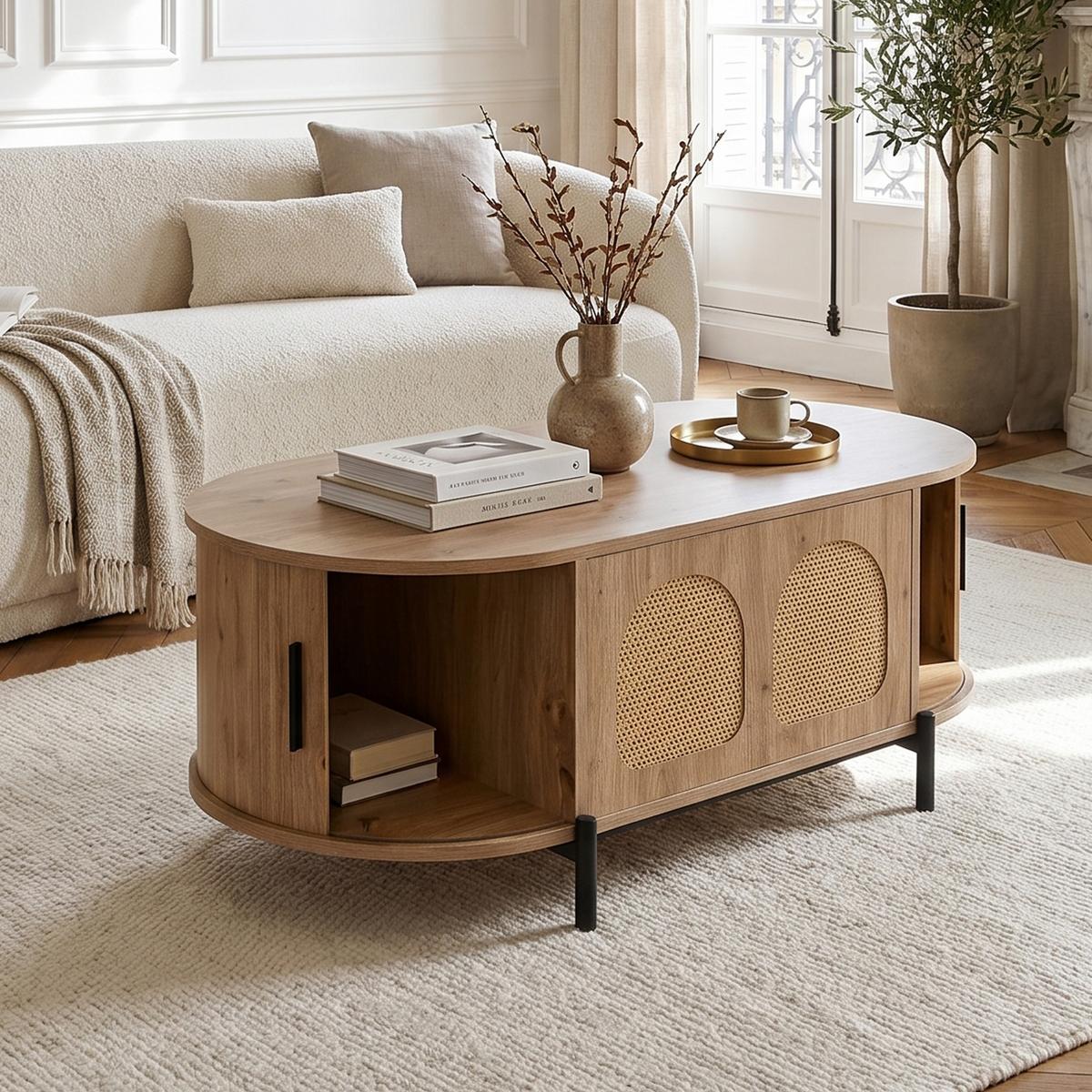 COUCHTISCH in holzoptik mit rattan, ovale form und schiebetüren - Naturfarben, Holzwerkstoff (50/100/40cm) - Urban Meuble