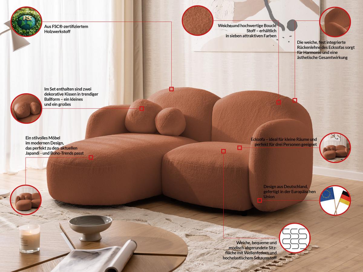 ECKSOFA Nuvola mit abgerundetem Design Terrakotta Bouclé-Stoff - Ottomane Links - Terracotta/Schwarz, Holz/Kunststoff (190/146cm) - S-Style Möbel
