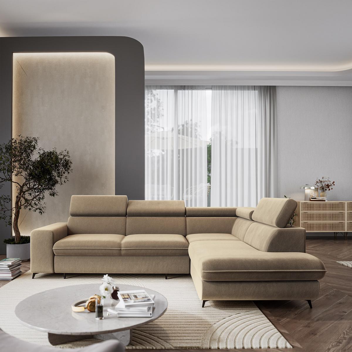 ECKSOFA VELISS Beige Veloursstoff mit Schlaffunktion - Beige, Holz (255/193cm) - MASSENO