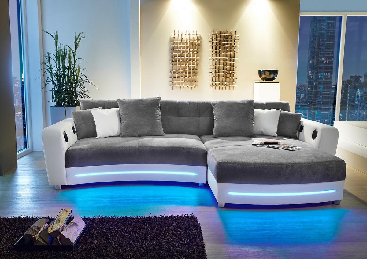 MULTIMEDIA-ECKSOFA Soundsystem RGB-LED Beleuchtung Bluetooth USB AUX-in, seitenverkehrt montierbar B322/T190/H88cm, Kunstleder Weiß-Mikrof.Grau/15410 - Chromfarben/Weiß, Kunststoff/Textil (322/88/190cm) - luma-home