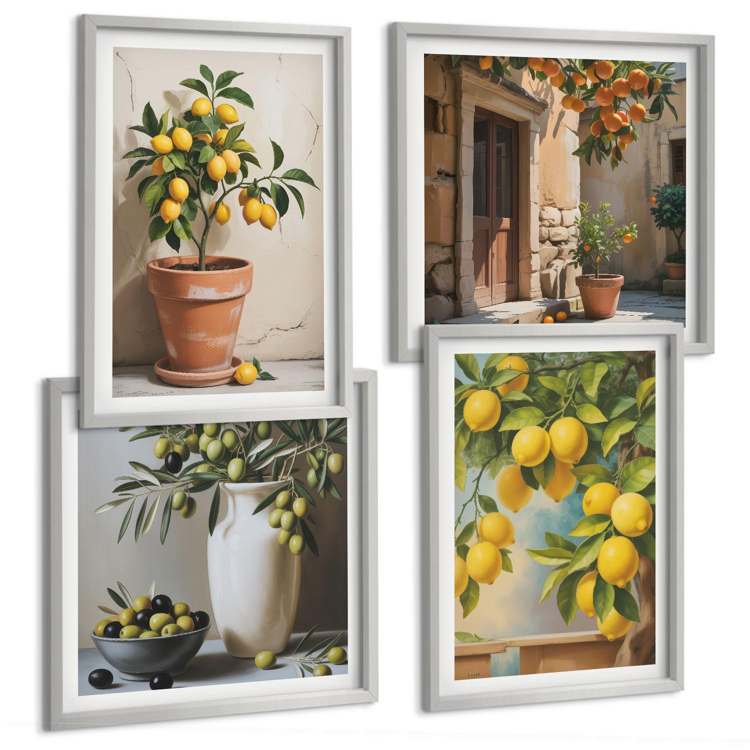 BILDER SET 4er Set - 50x50 cm & 40x60 cm Silberner Rahmen - Zitronenbäume im Topf - Silberfarben, Kunststoff (50/50cm) - TULUP