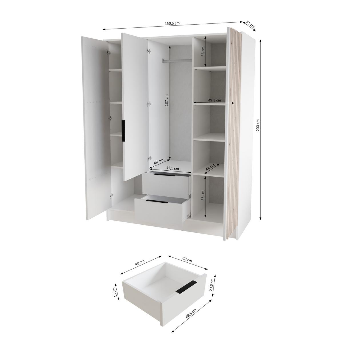 KLEIDERSCHRANK NERA - 150 cm - Weiß|Schwarz|Eiche Artisan - Schwarz/Weiß, Holzwerkstoff (150/200/51cm) - ALTDECOR