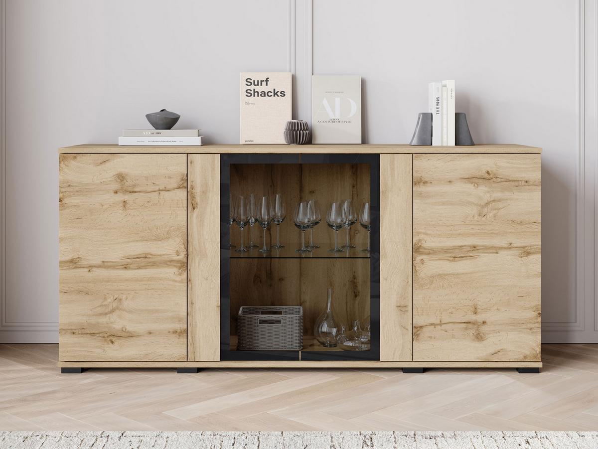 KOMMODE Caro SB 154 4D - Eiche Wotan/Schwarz, Holzwerkstoff/Kunststoff (150/70/40cm) - MIRJAN24