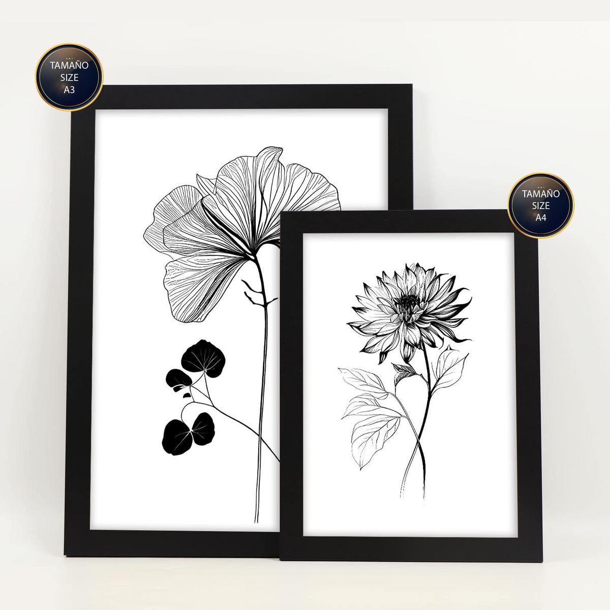 POSTER Set Mit 6 Belaubte Blumen Natur Und Botanikdrucke Mit Blumenmotiven In Klassischem Schwarz Und Weiß Innenarchitektur A3 & A4 Schwarzer Rahmen - Schwarz, Papier (29/3cm) - Nacnic