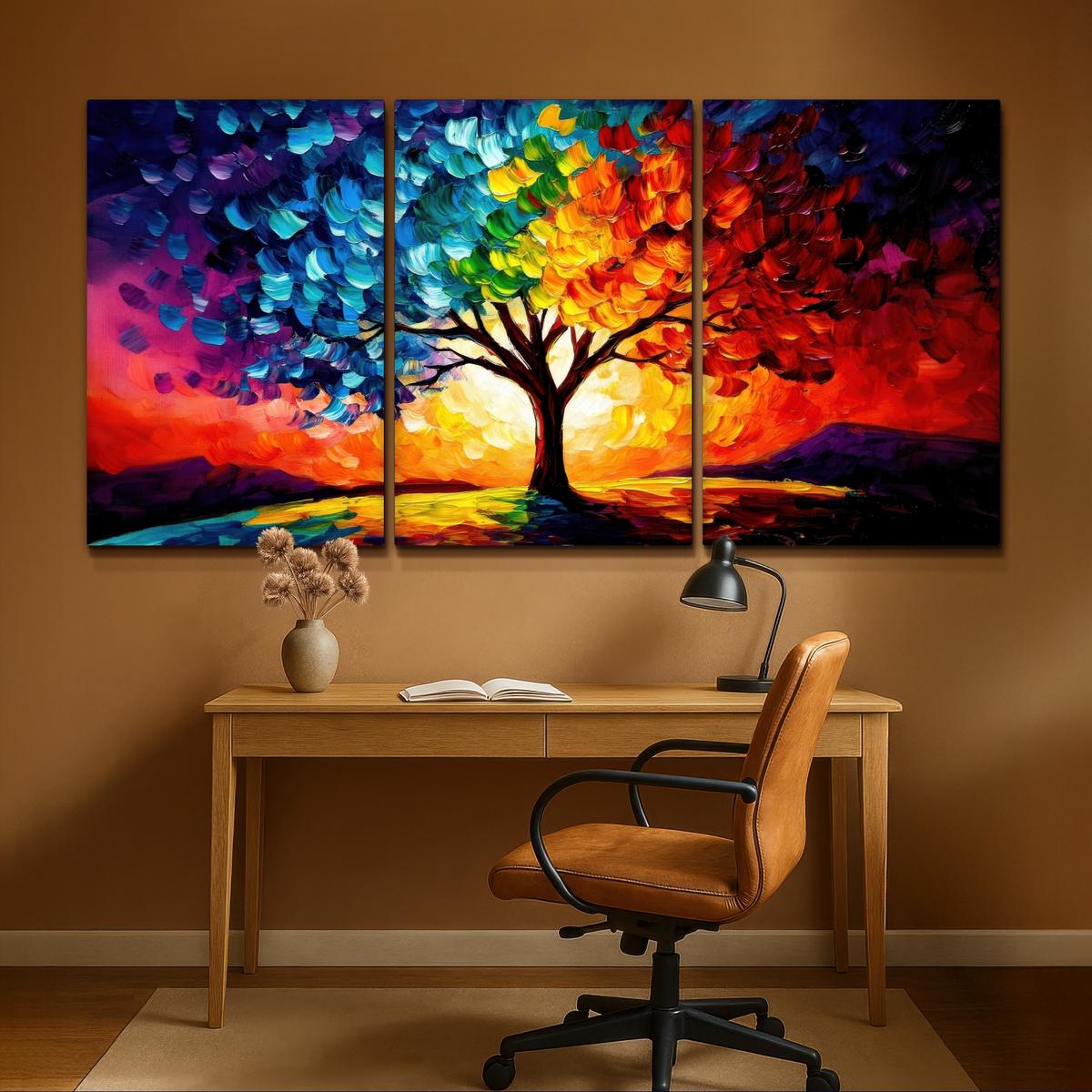 LEINWANDBILD 3er Set Baum - Farbenfroh - Malerei-Look - Abstrakt 240x120 cm - Multicolor, Textil (240/120cm) - MuchoWow
