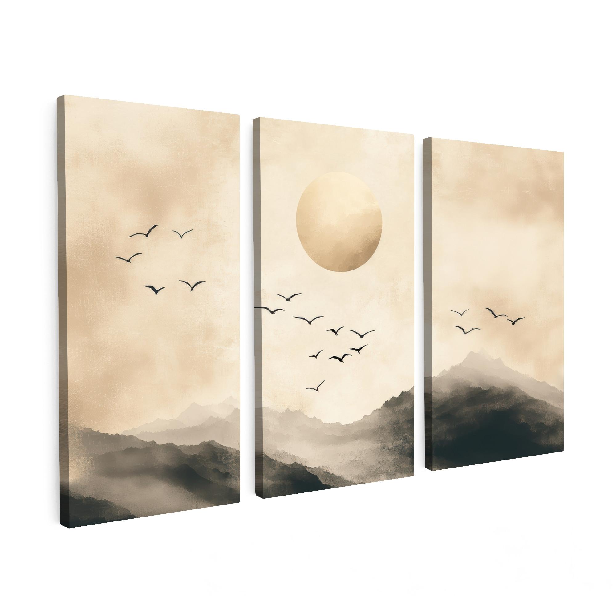 LEINWANDBILD 3er Set Landschaft - Japandi - Beige - Vögel 60x40 cm - Beige, Textil (60/40cm) - MuchoWow