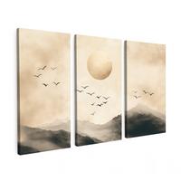 LEINWANDBILD 3er Set Landschaft - Japandi - Beige - Vögel 180x120 cm - Beige, Textil (180/120cm) - MuchoWow