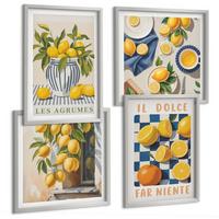 BILDER SET 4er Set - 50x50 cm & 40x60 cm Silberner Rahmen - Retro gelbe Zitrusfrüchte - Silberfarben, Kunststoff (50/50cm) - TULUP