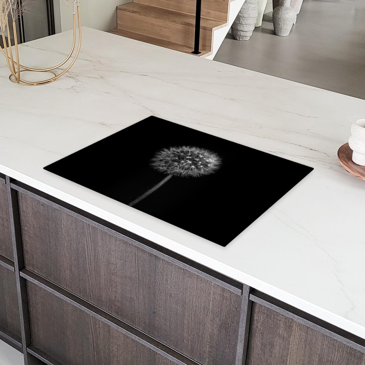 HERDABDECKPLATTE Löwenzahn - Schwarz - Floral - Botanisch Herdabdeckung Induktionsfeld 75x52 cm - Grau, Kunststoff (75/52/0.2cm) - MuchoWow