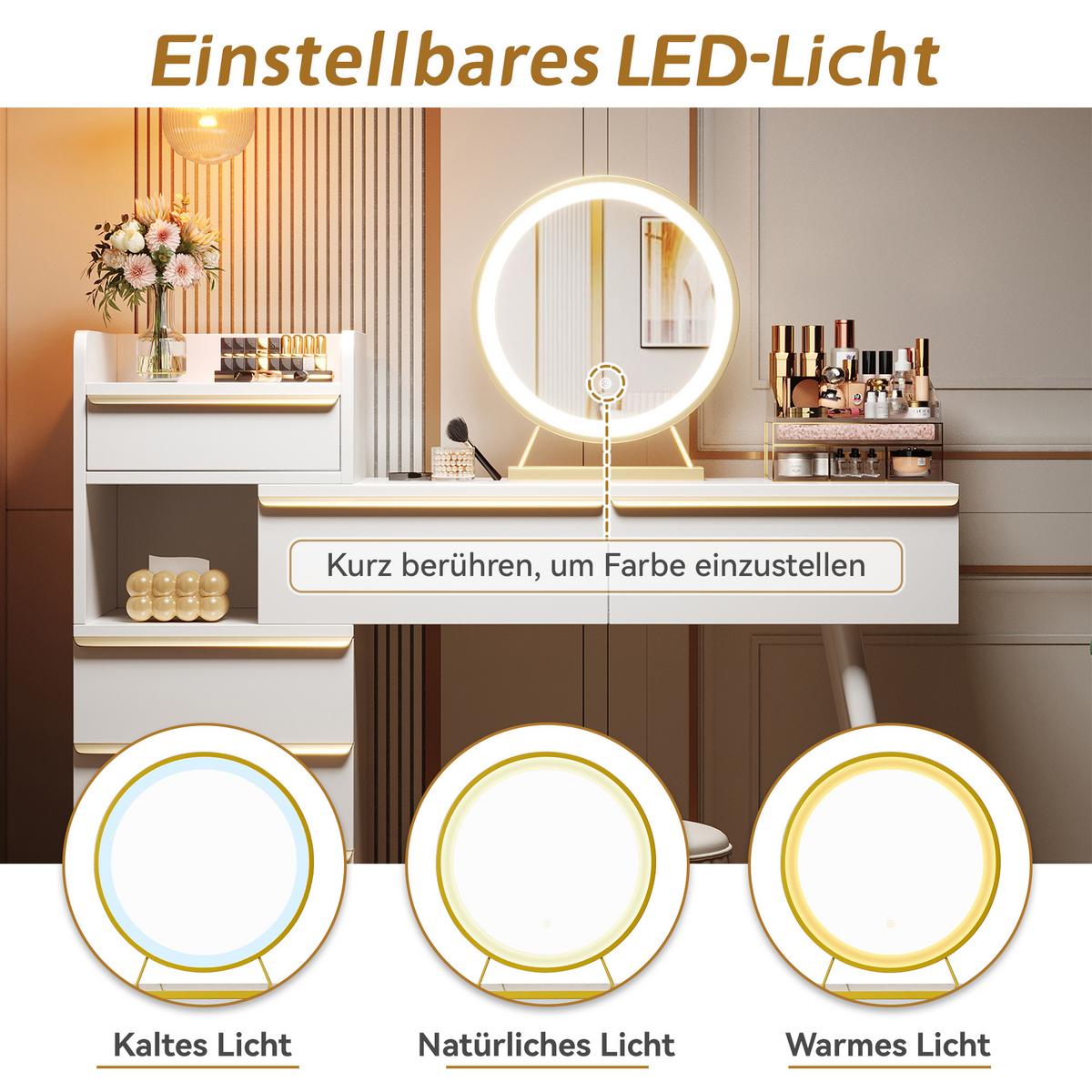 SCHMINKTISCH mit LED-Spiegel, 6 Schubladen & großem Stauraum - Weiß, Holzwerkstoff/Metall (100/102/42cm) - Urban Meuble