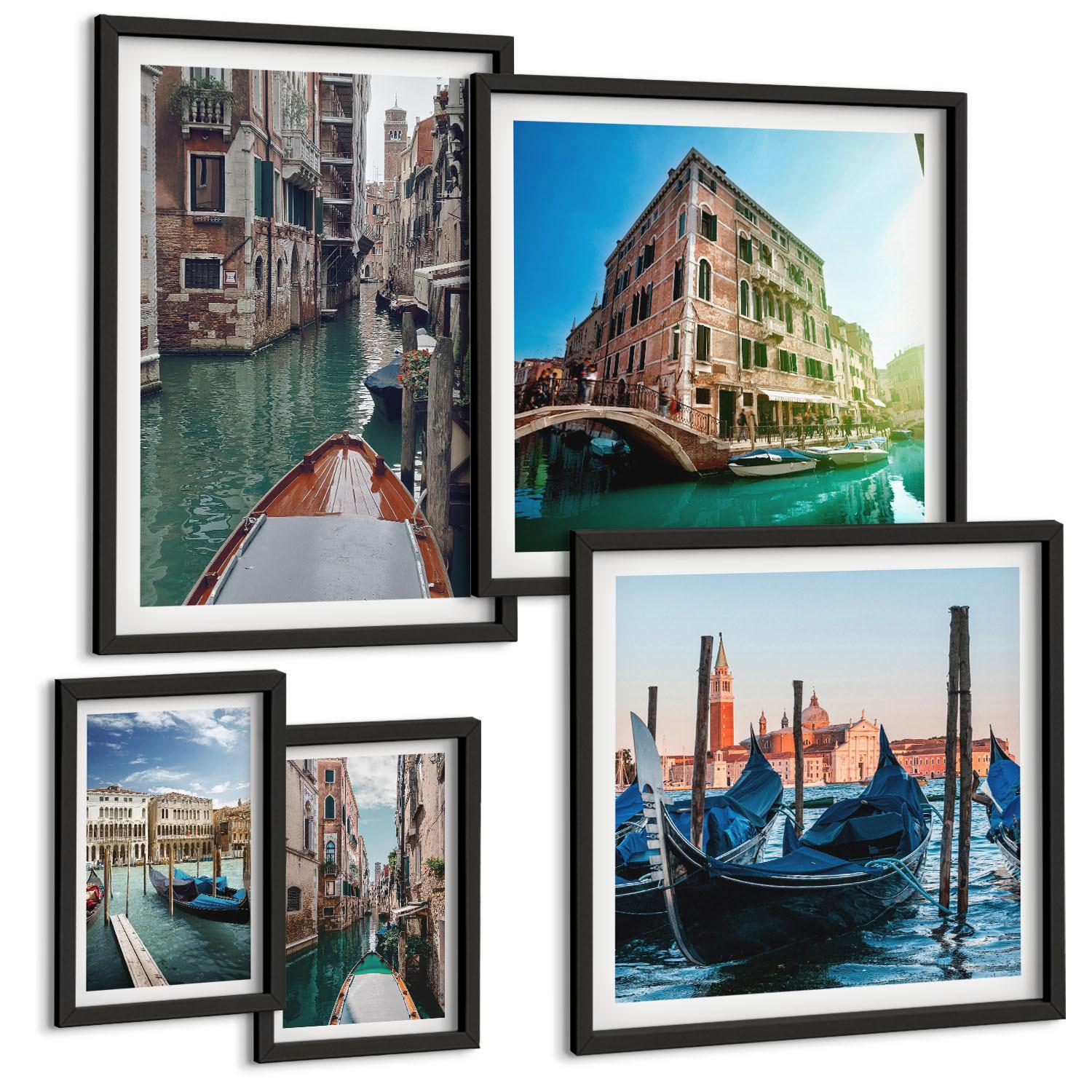 BILDER SET 5er Set - 50x50 cm & 20x30 cm & 40x60 cm Schwarzer Rahmen - Küchenutensilienmuster Blätter - Schwarz, Kunststoff (40/60cm) - TULUP
