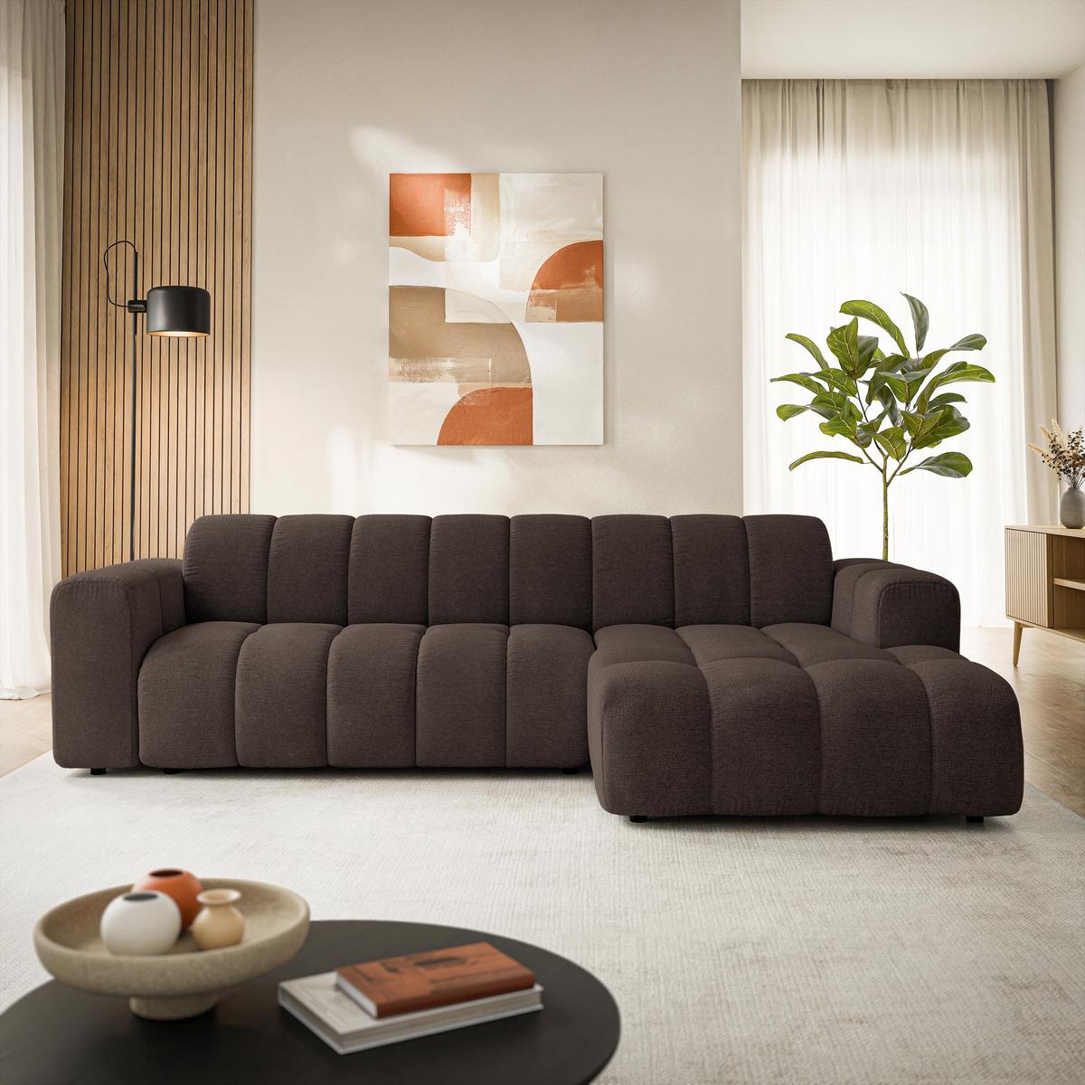 ECKSOFA SETIA Braun Strukturstoff mit Schlaffunktion - Braun, Holz (304/165cm) - MASSENO