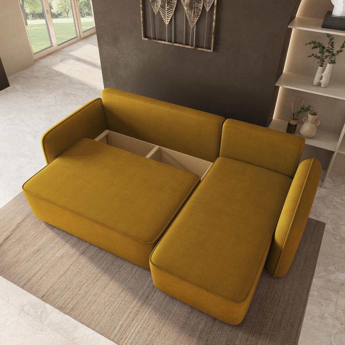 ECKSOFA DOLVER Gelb Plüsch-Stoff mit Schlaffunktion - Gelb, Holz (238/156cm) - MASSENO