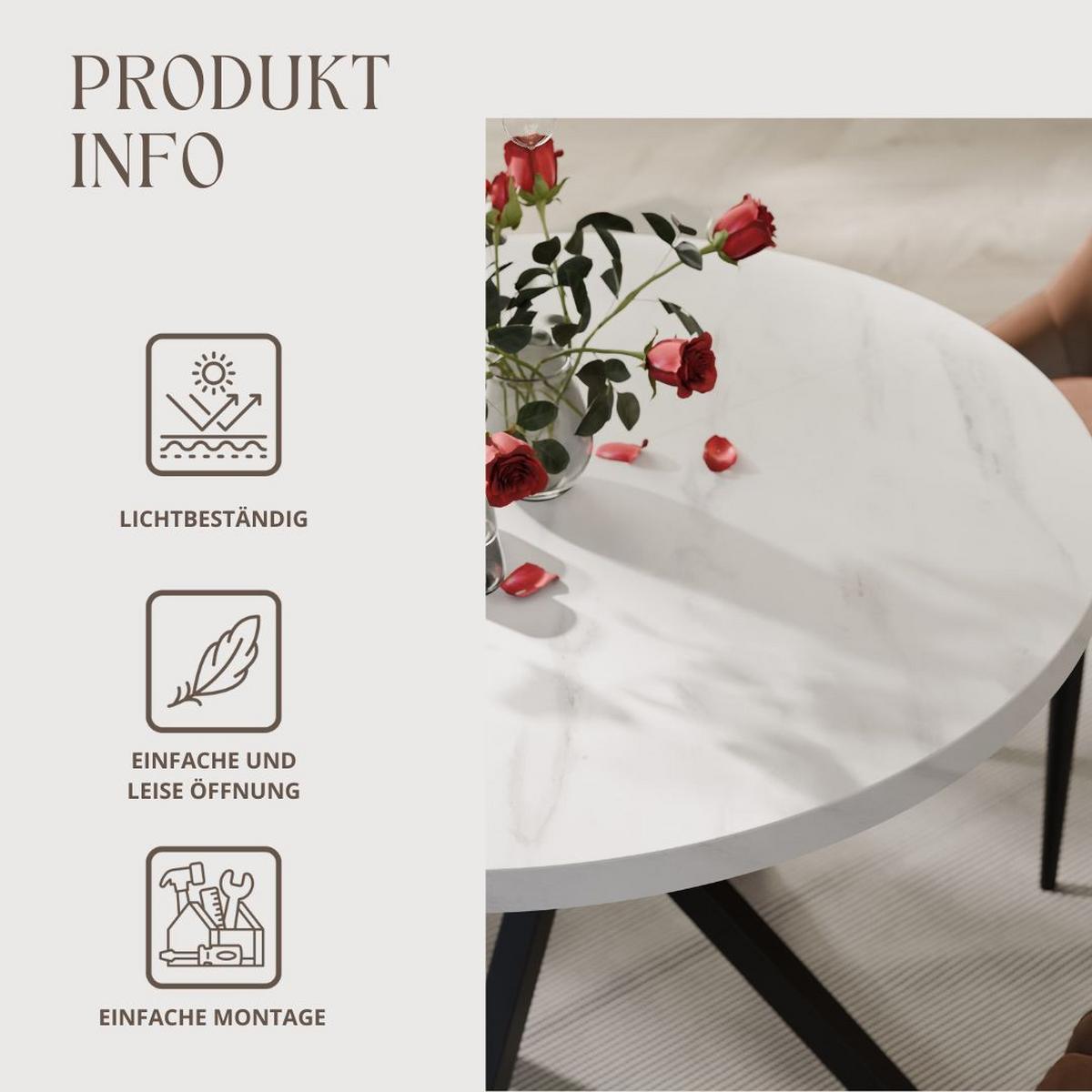 AUSZIEHTISCH MILTON 120-196/76 cm mit Metallgestell, Schwarz / Bianco Marmor - Perlmutt/Schwarz, Holzwerkstoff/Metall (120/120/76cm) - Idohome