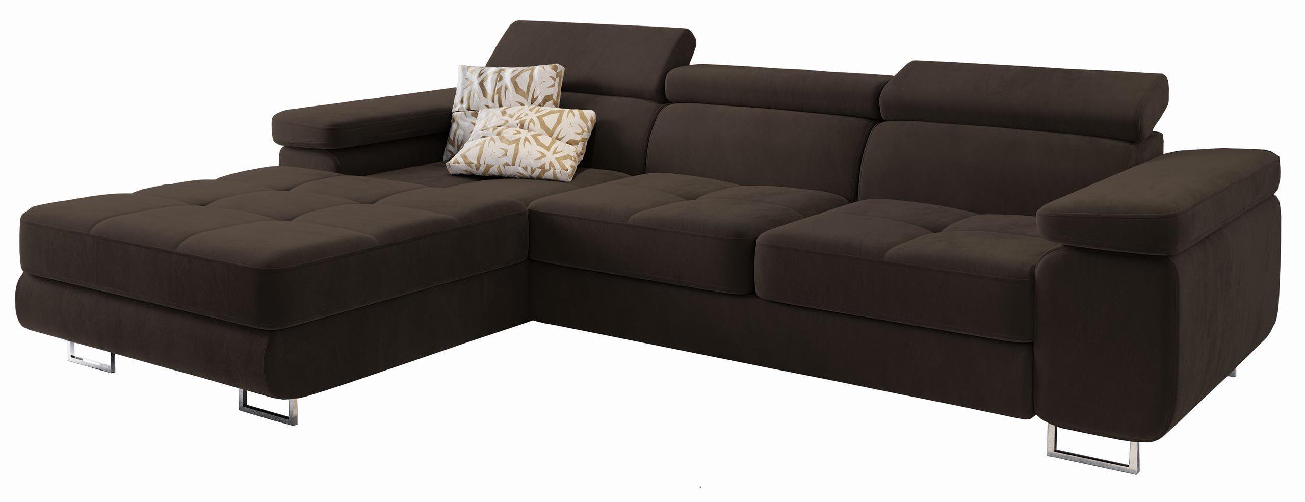 ECKSOFA ELMA L-S Braun Velours-Stoff mit Schlaffunktion - Silberfarben/Braun, Holz/Textil (280/205cm) - MASSENO