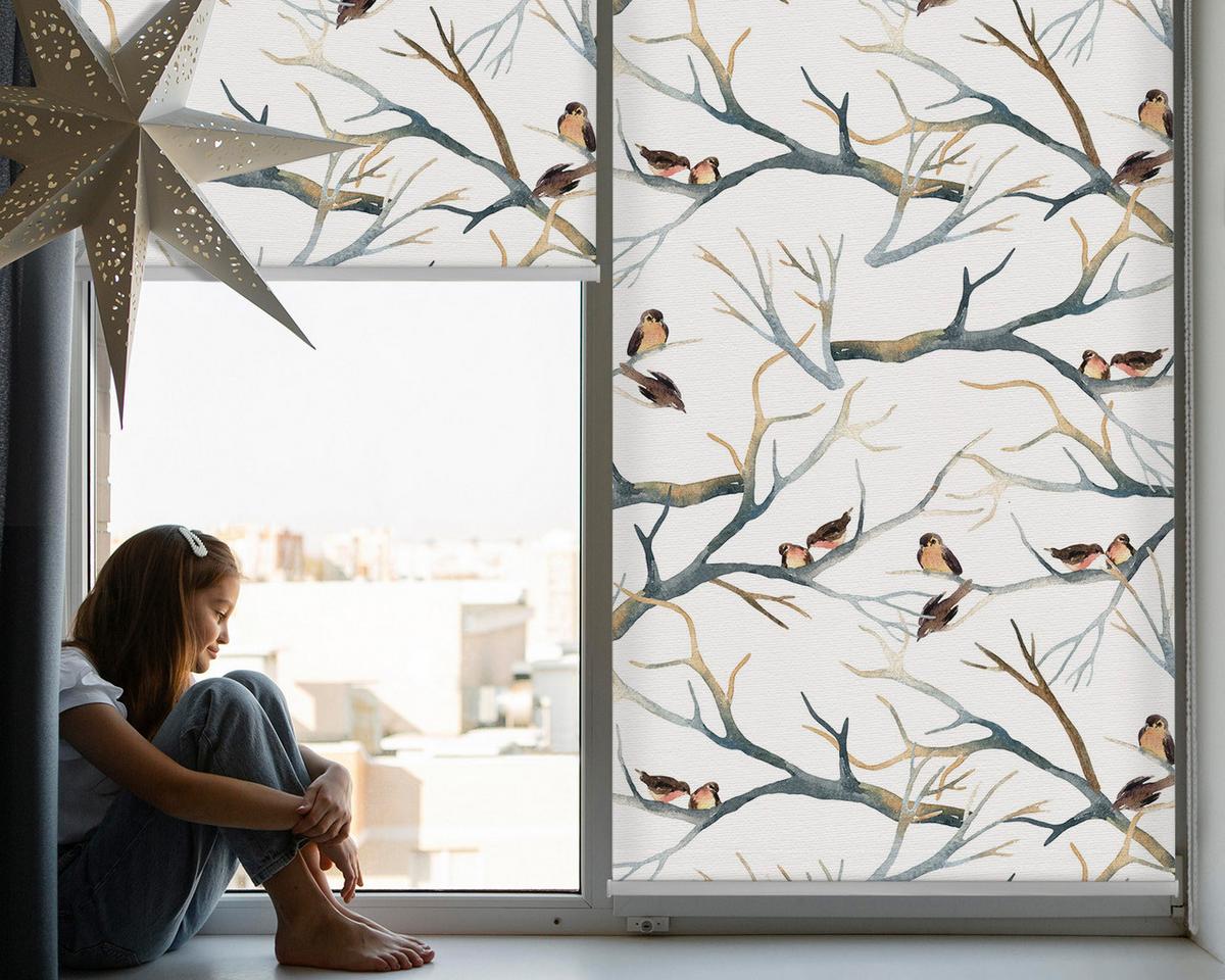 INNENROLLO - Fensterrollo - Rollo - 110x140 cm - Vögel auf einem Baum - Schwarz, Kunststoff (110/140/0.5cm) - TULUP